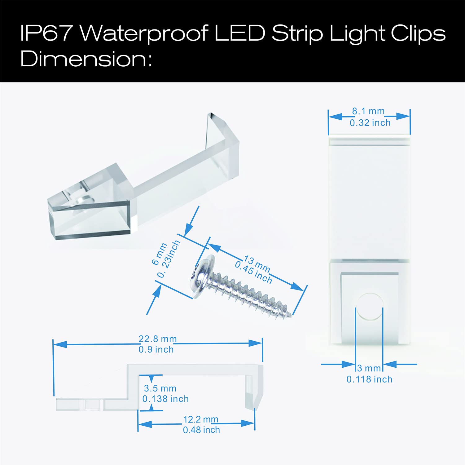 ATB Outdoor LED Strip Light Mounting Bracket Clips, 10mm & 12mm, Clear, Plastic, Model ATB-WL00410, Includes 102 Screws