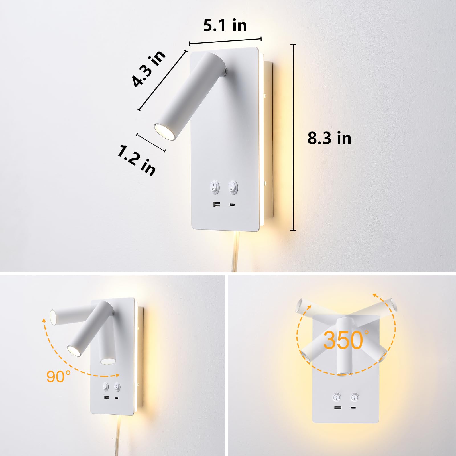 MOLUOLA LIGHTING LED Wall Lamp, Dimmable 3 Brightness, Aluminum, 1 Pack, White, Model S07G, with USB C+A Ports