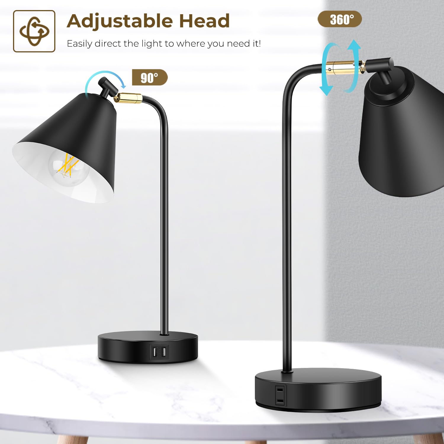 Brightever Industrial Desk Lamp, Dimmable, 2 USB Ports, Touch Control, Black Metal, Model T0324-BK-27, Flexible Head, Bulb Included