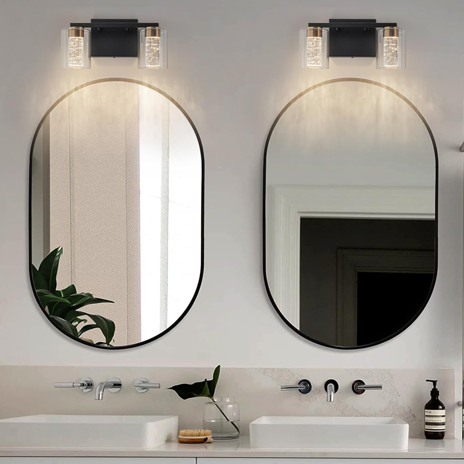 SineRise 2-Light Modern Vanity Light, Dimmable LED, Black-Gold, 3 Color Modes, Glass Shade, Model 02389336