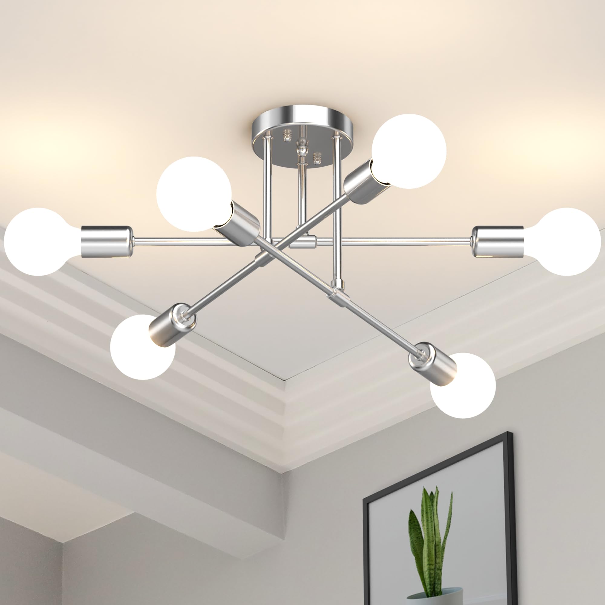 Phaosio Modern Sputnik Chandelier, 6-Light 22'' Semi Flush Mount Ceiling Light Fixture With E26 Base, Mid Century Industrial Lig