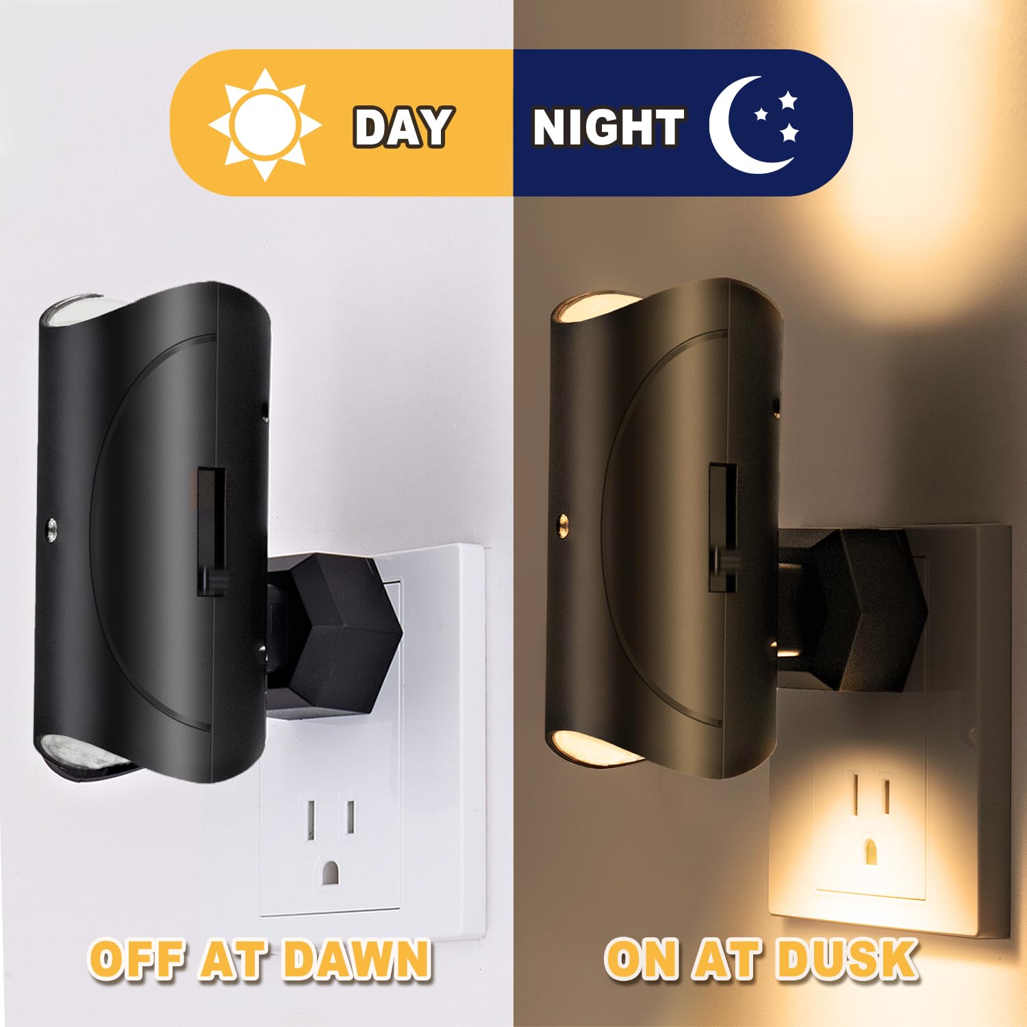 Aora Night Light Plug-in Wall Mount with Dusk to Dawn Sensor, Set of 2, Black, Ideal for Home Safety and Convenience