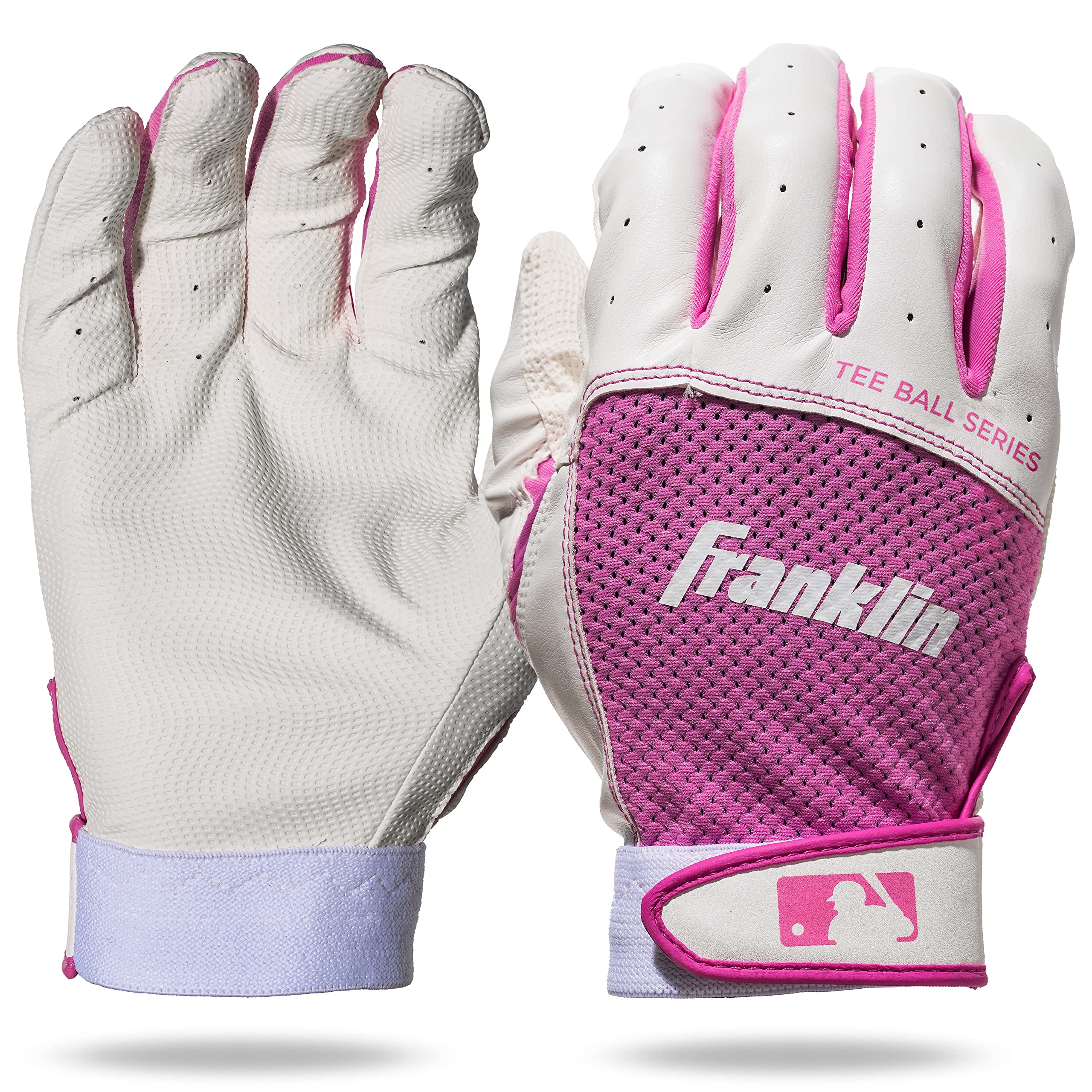 Franklin Sports Youth Teeball Batting Gloves - Faux Leather - Medium - White/Pink - Model 21206F2