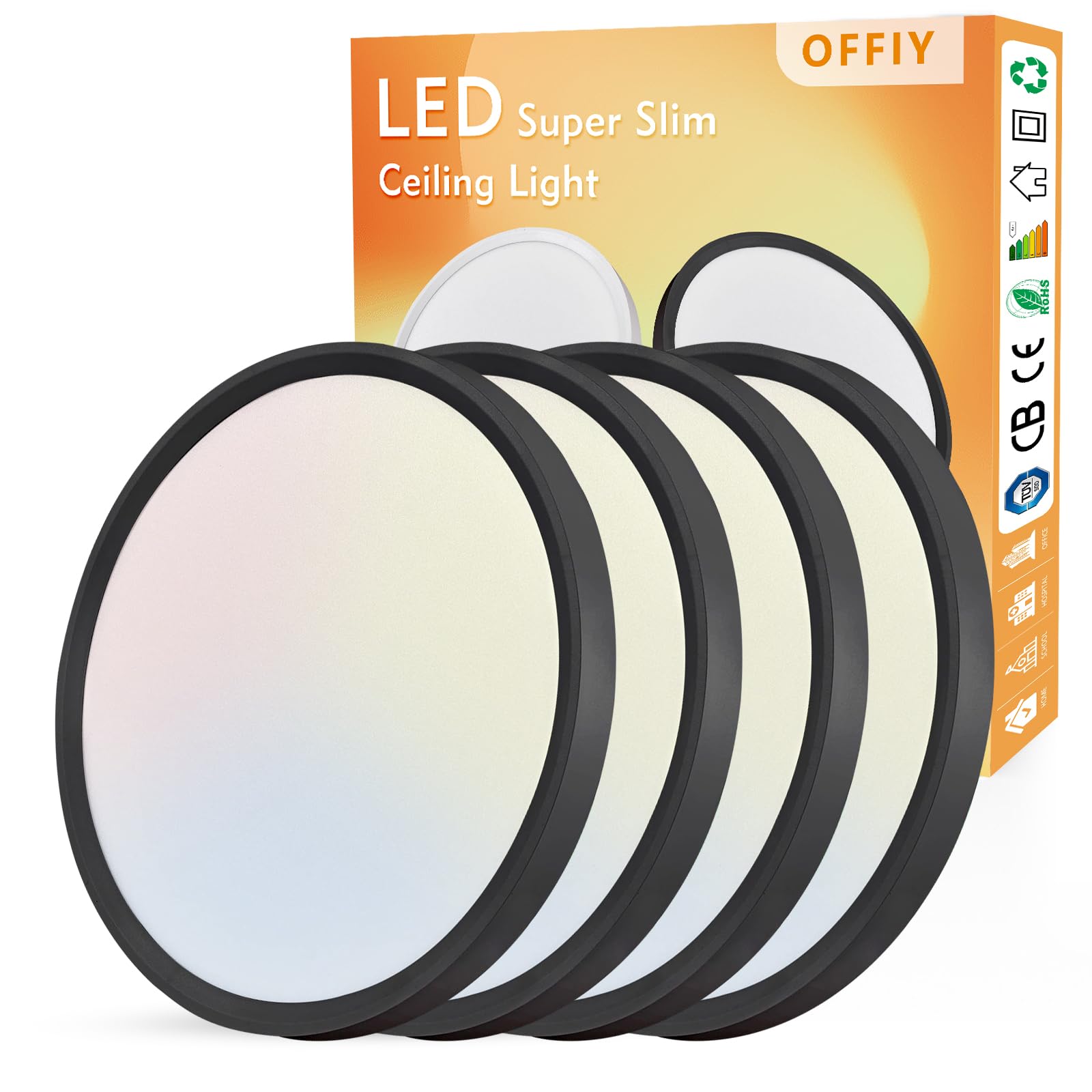 OFFIY 4PK 12 Inch LED Flush Mount Ceiling Light, 24W, 2520LM, 3000K/4000K/6000K CCT Selectable Super Slim LED Ceiling Light, Clo