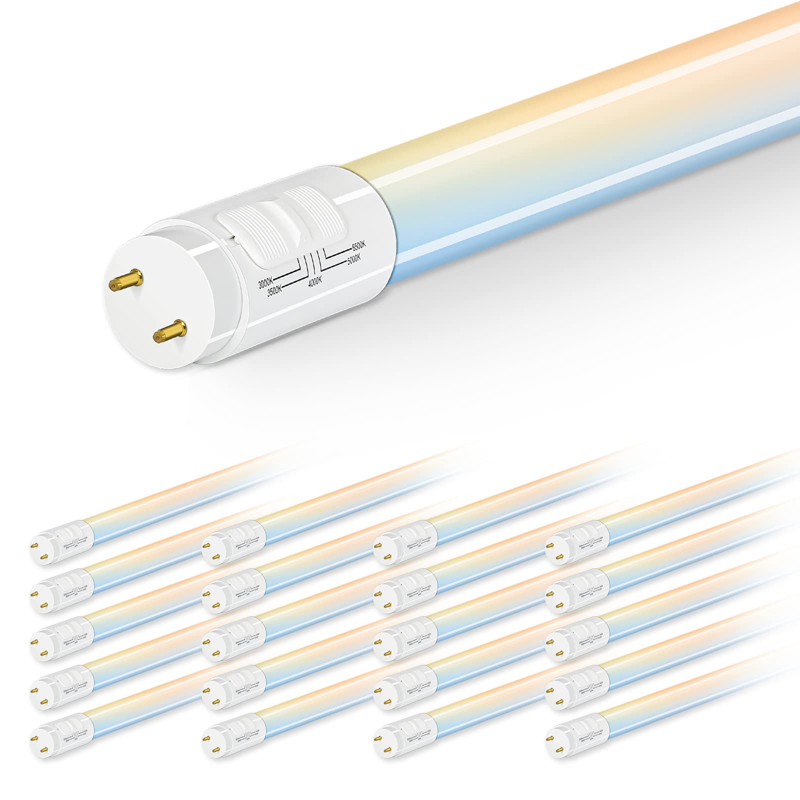 Hykolity 20 Pack 5Cct 4Ft Led T8 Ballast Bypass Type B Light Tube, 18W, 3000K/3500K/4000K/5000K /6500K Selectable, Single Or Dou