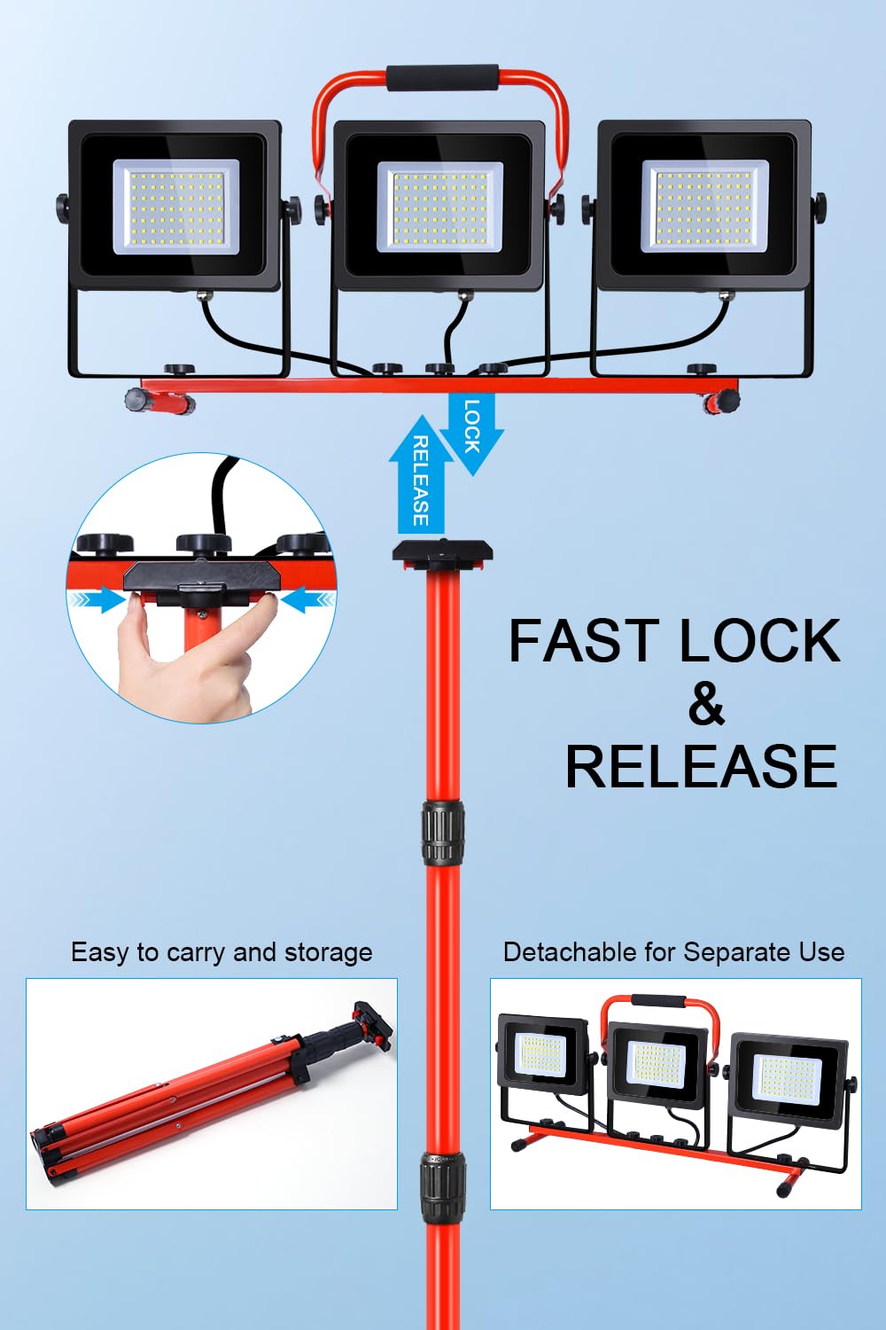 Work Light 10000LM 5000K 1000W Halogen Equivalent led Work Light with 76.8in Adjustable Metal telescoping Tripod Stand IP65 Wate