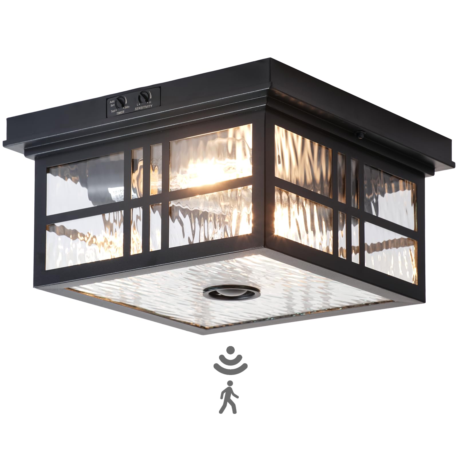 CALOKES Industrial Motion Sensor Outdoor Flush Mount Ceiling Light, Water Ripple Glass Square Black 2-Light Ceiling Lamp for Por