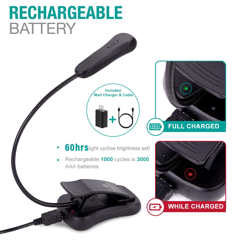 Vekkia BK-07 Rechargeable Book Light Set, Black Clip-On Reading Light with 3 Brightness Levels, Eye-Care LED, Includes Travel Case & Charger