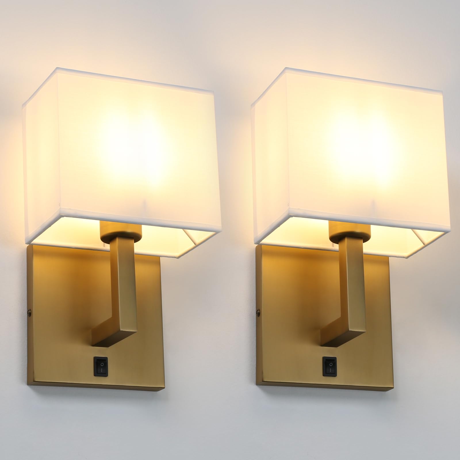 Yosoan Set of 2 Indoor Vanity Wall Sconce with On Off Switch, Brass Modern Boho Vintage Industrial Light with Square Fabric Shad