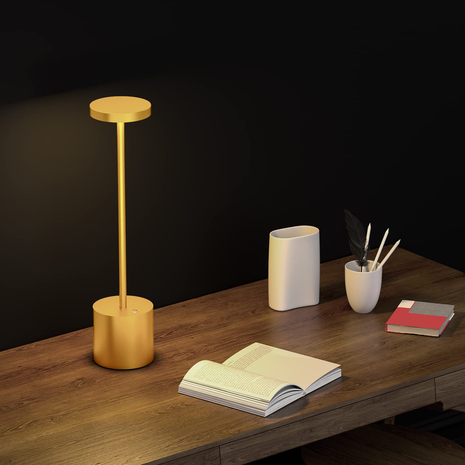 JALVDE Cordless LED Table Lamp, 6000 mAh, 3-Level Light, 13.5 inches, Gold, Model JL-S801, Pack of 2