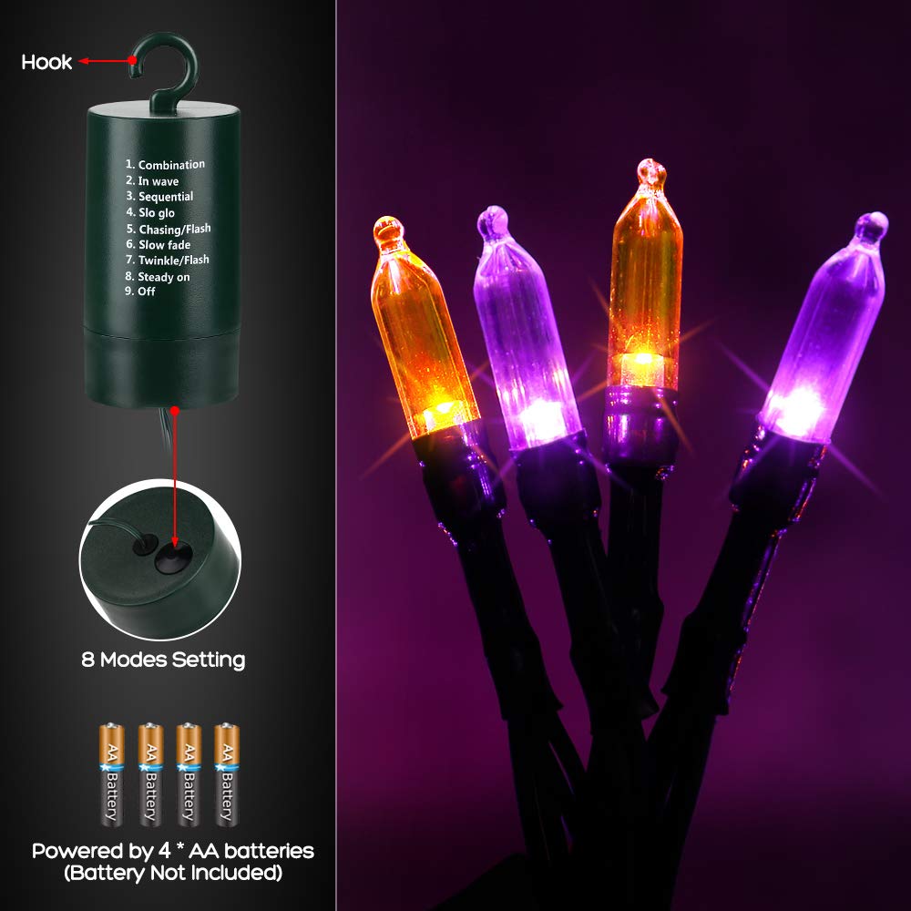 LYHOPE Halloween Lights, 33ft 100 LED Battery Operated, Waterproof, Orange & Purple String Lights for Indoor & Outdoor Decor