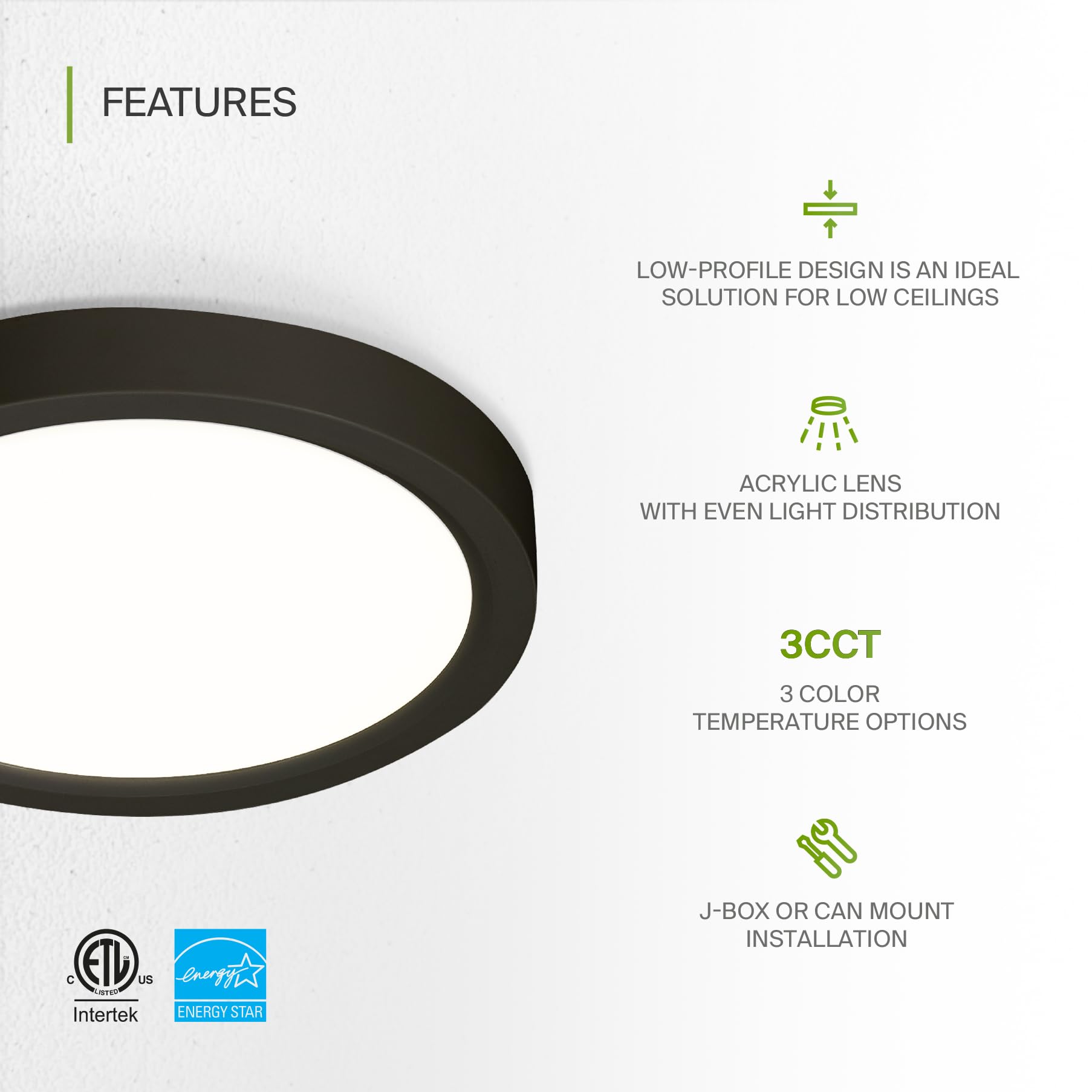 ASD LED 5 Round Flush Mount Light | 10W 720LM 3000-5000K 120V | 3CCT, Dimmable, Ultra Slim, ETL Listed | Thin Surface Lamp, Bedr