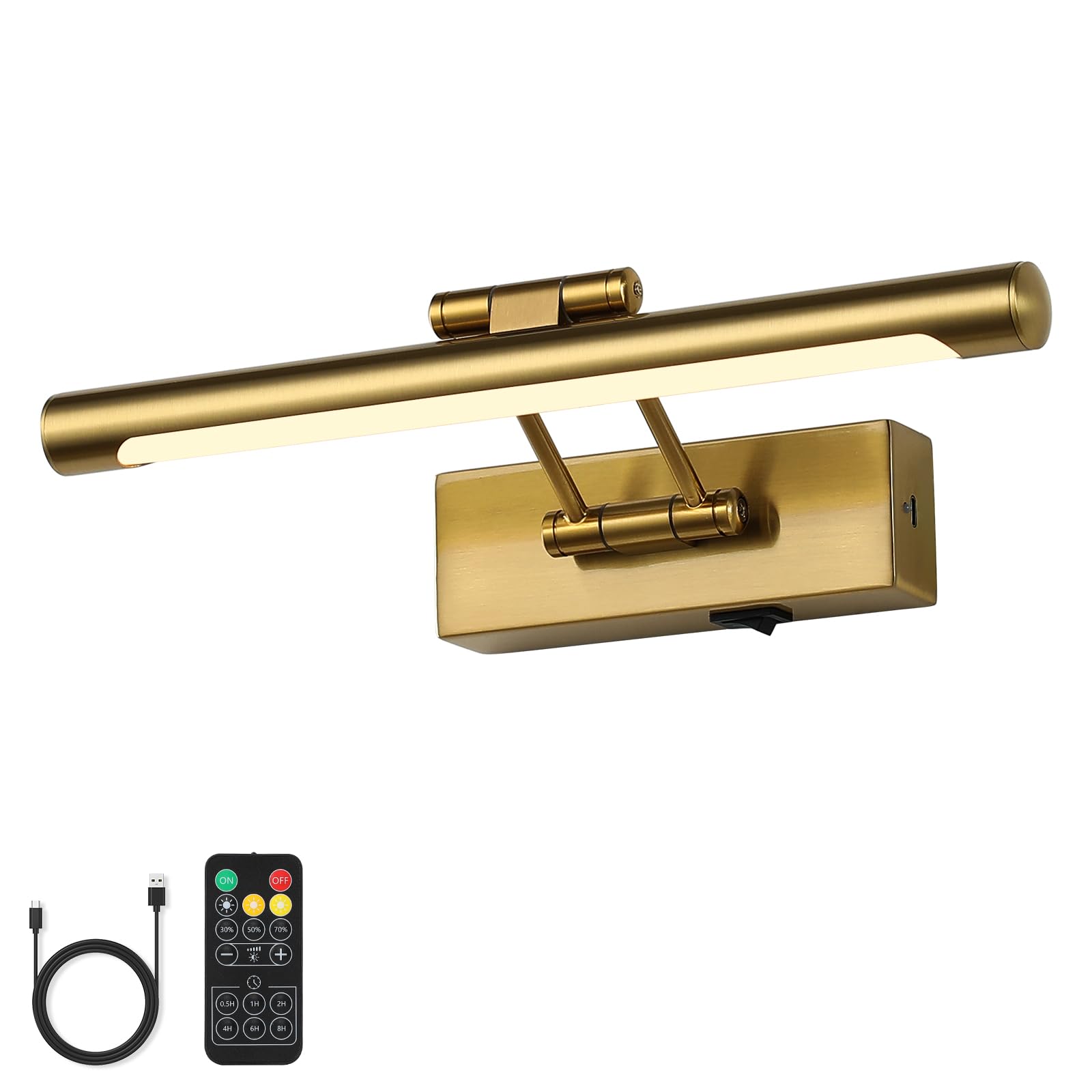 7Degobii Battery Operated Picture Lights with Remote and Timer,Wireless Art Light for Paintings with Adjustable Swing Arm Brass 