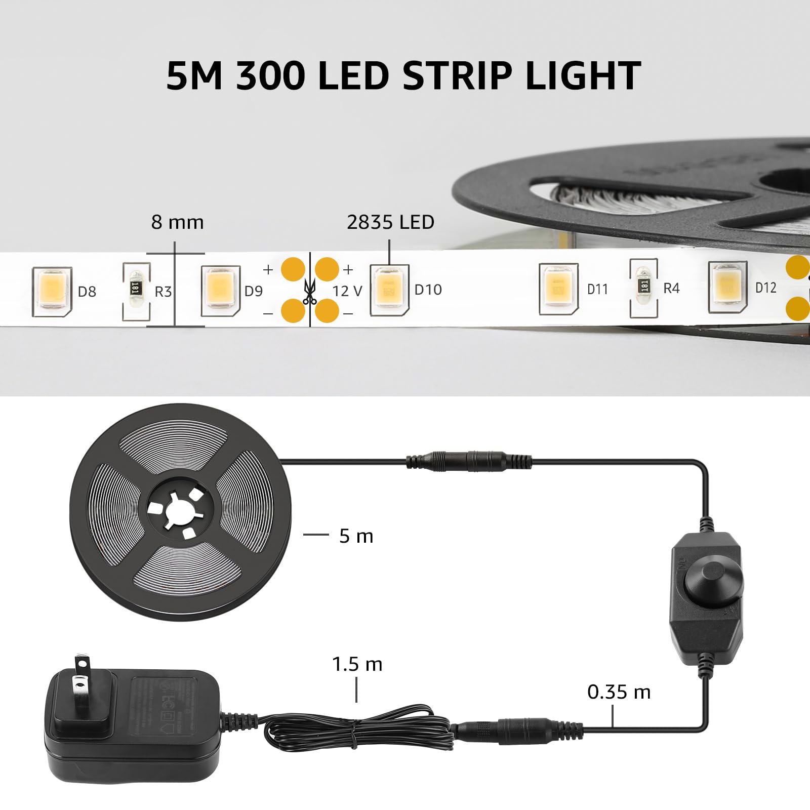 Lepro LED Strip Light, 16.4ft Dimmable 6000K Tape Lights, 300 LEDs, Strong 3M Adhesive, White, Ideal for Home & Kitchen Lighting