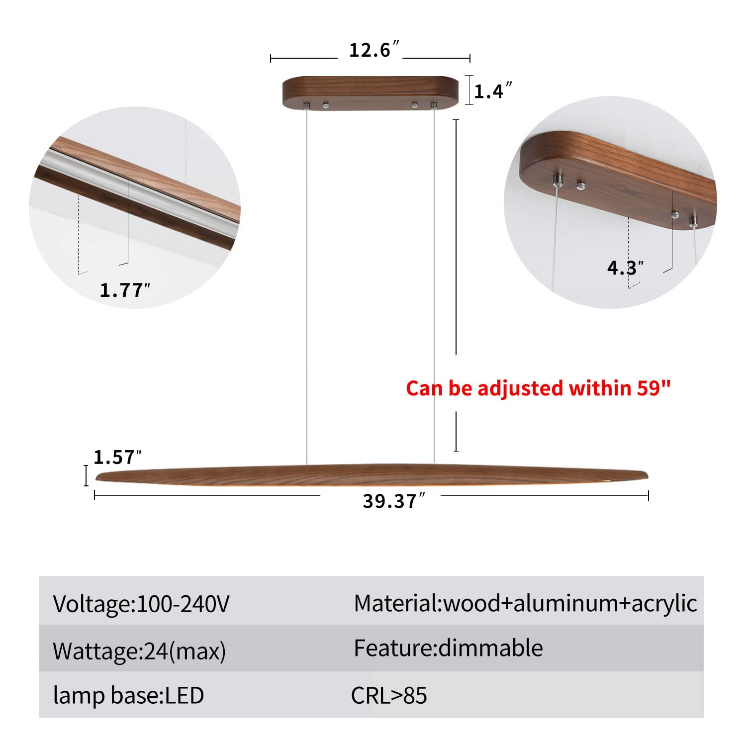 Yisdesign 39'' Wood Linear Pendant Light Led Dimmable Hanging Light Dinning Room Light Fixture Island Lights 24W For Dining Room