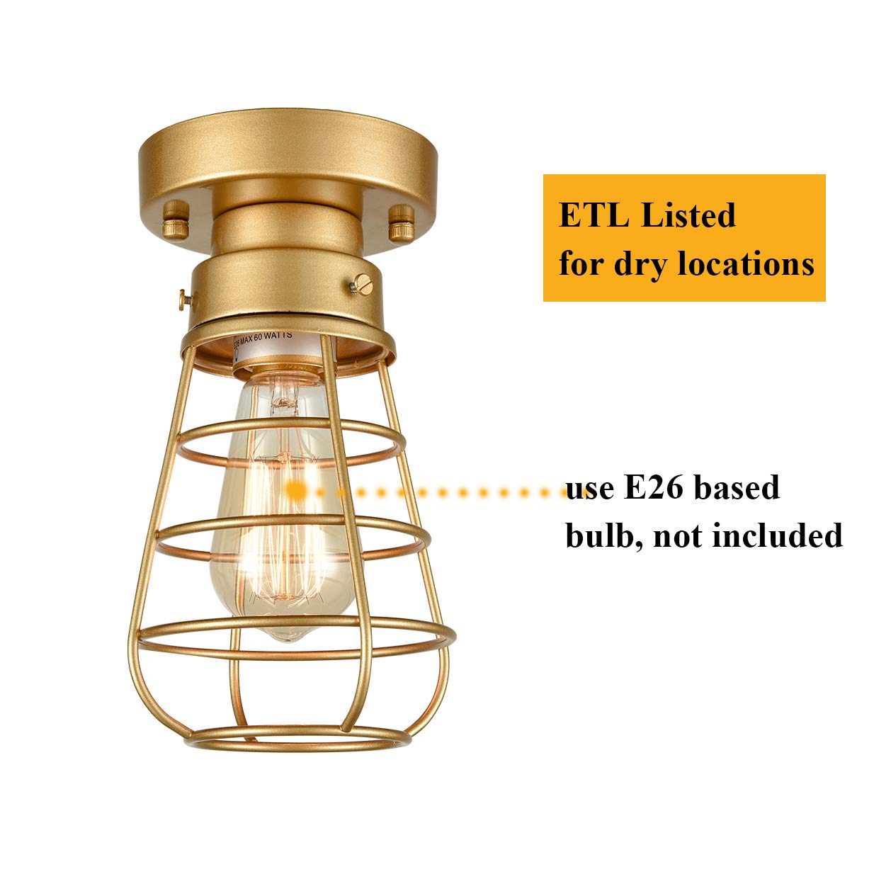 Modern Gold Semi Flush Mount Ceiling Light Kitchen Hallway Light Fixture Ceiling Mini Industrial Metal Cage Light Vintage Close