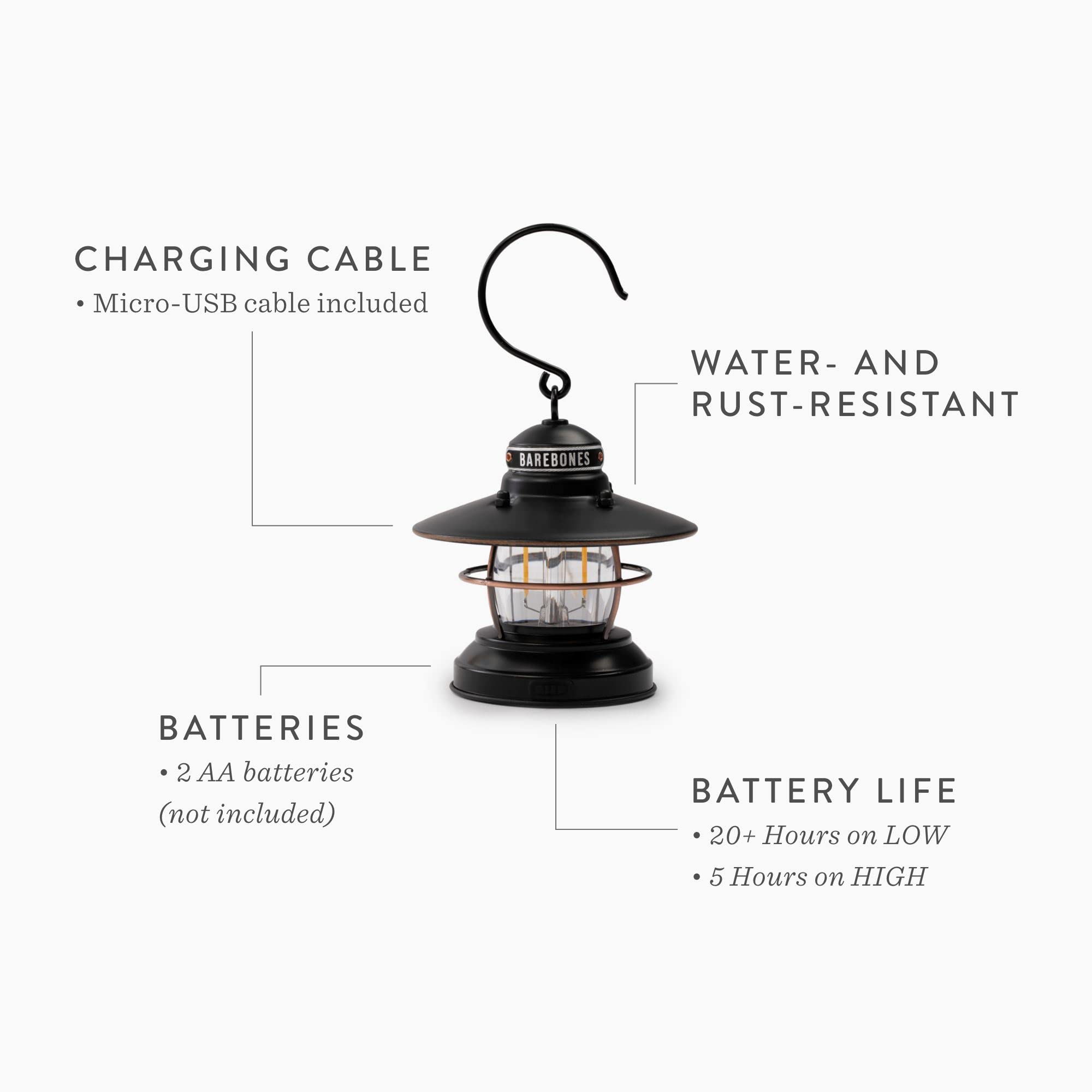 Barebones Edison Mini Lantern - Vintage LED Camping Light, Adjustable Brightness, Weatherproof, 1 Pack, Vintage White, Model LIV-170