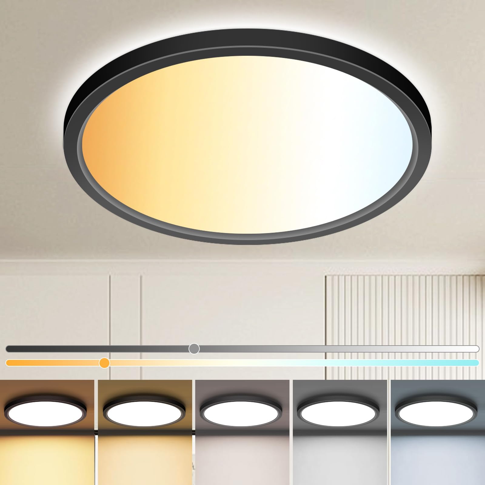 zemty 1Pack 13 inch Black LED Flush Mount Ceiling Lights  Dimmable 5 Color Temp (3000K-6500K)  24W 2400LM Bright Round Light Fixture for Kitchen Bathroom Bedroom Office