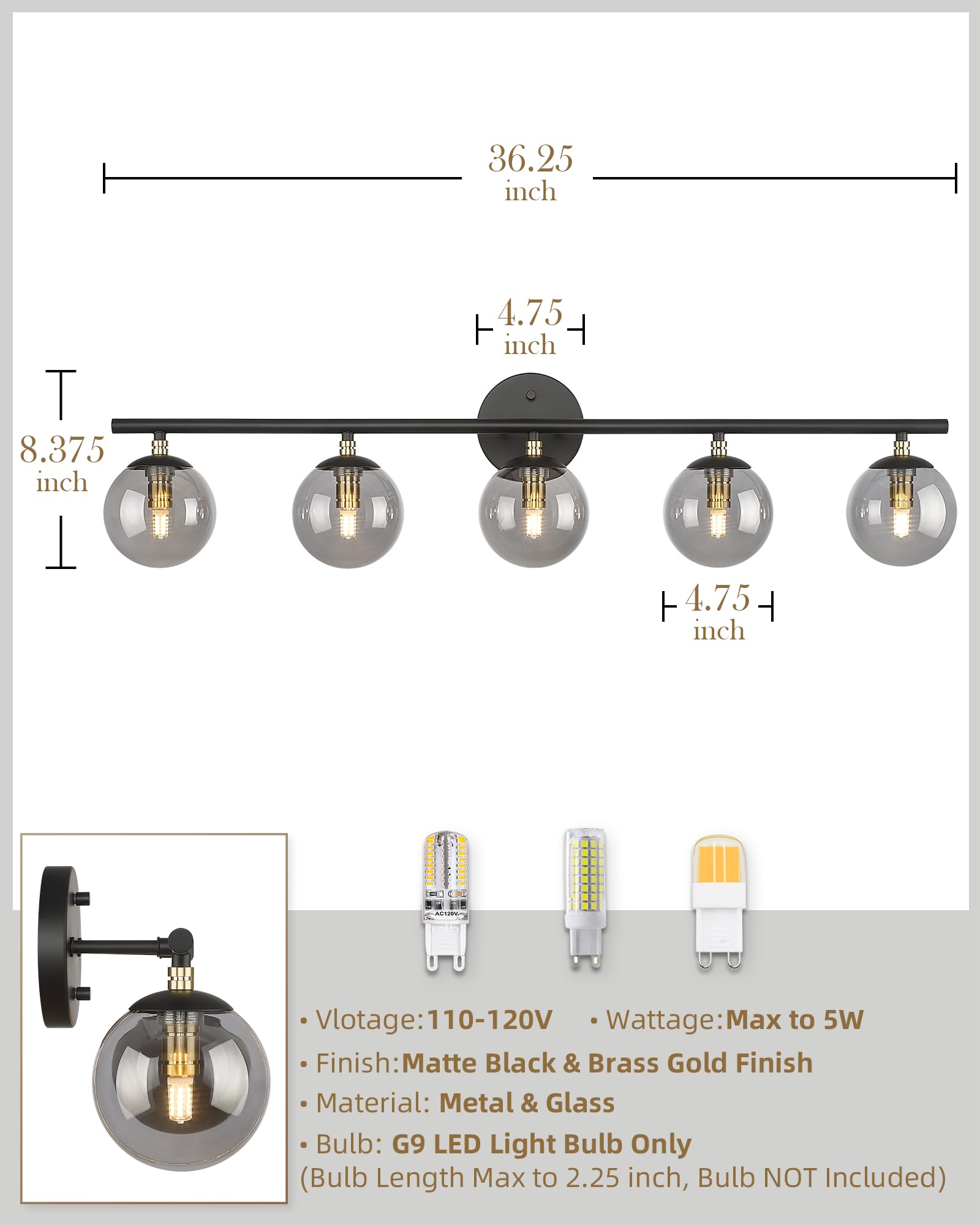 Lms 5-Light Matte Black Vanity Light, Modern Bathroom Lighting Over Mirror, Black And Brass Gold Finish With Globe Glass Shade,