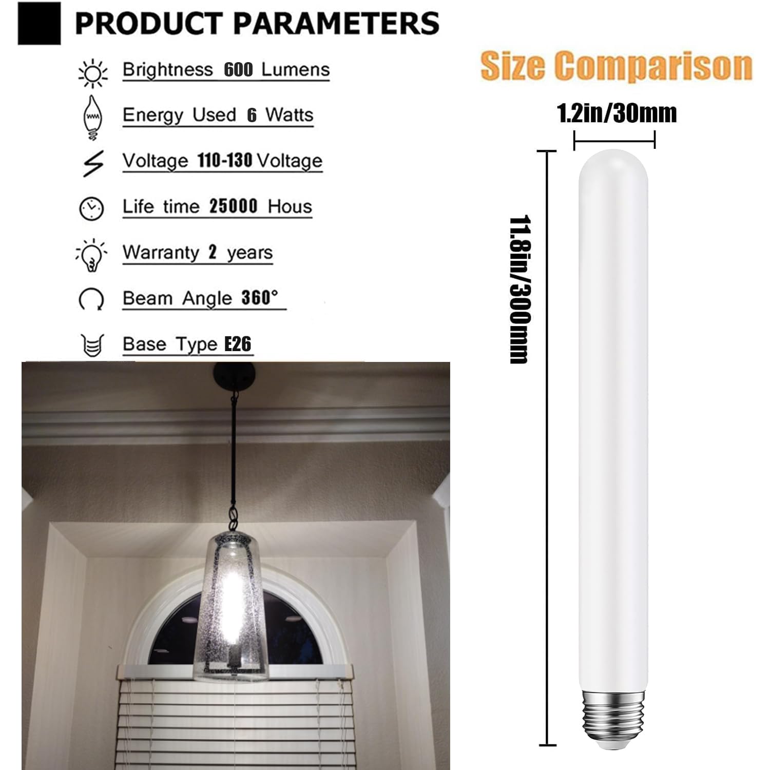Leools E26 Led Light Bulb T30 11.8Inch Long Tubular Matt Opal Porcelain Dimmable Frosted Led Light Bulb,E26 Edison Bulb 6W Equal