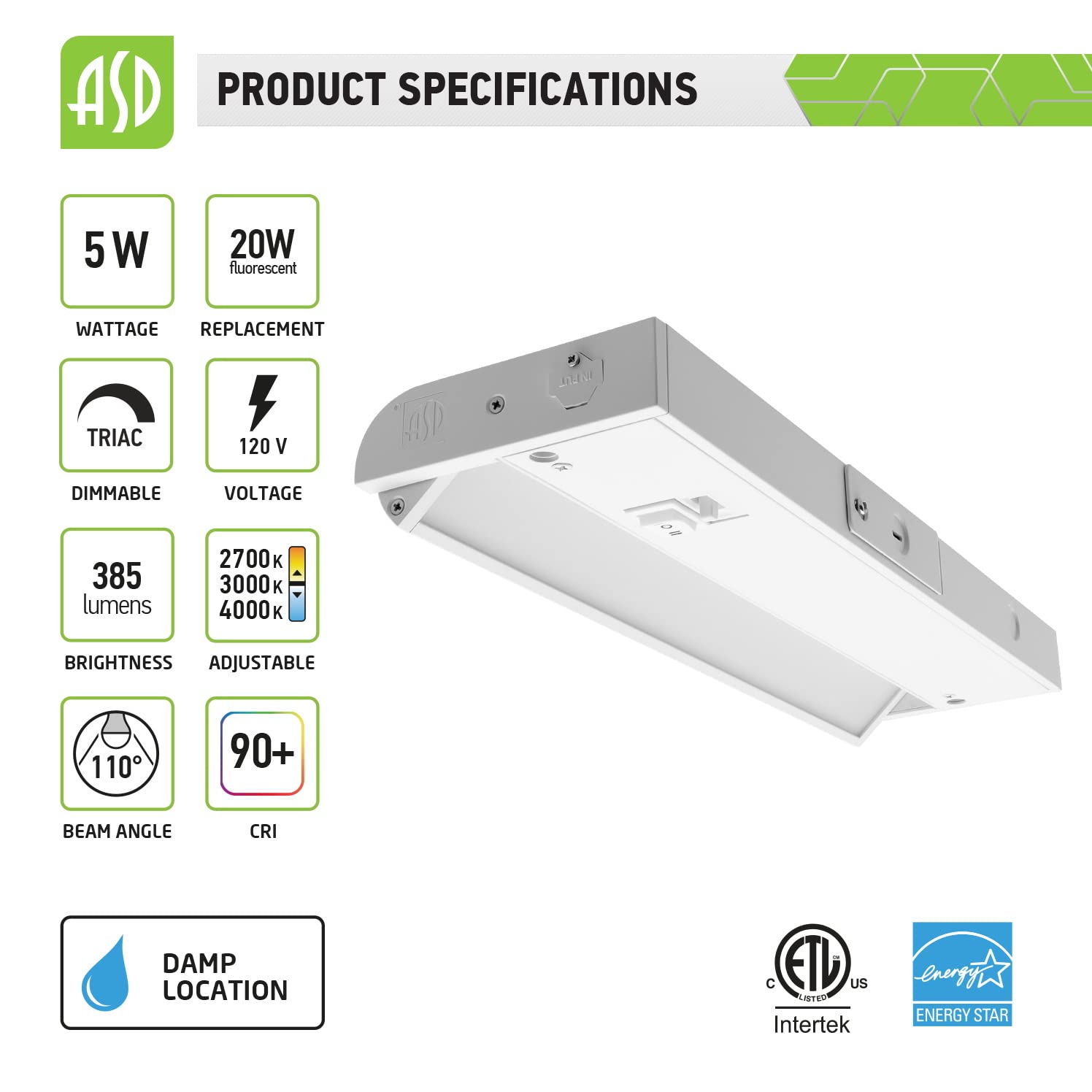 Asd Swivel Led Under Cabinet Lighting  12 Inch 5W  Hardwired Or Plug-In  2700K/3000K/4000K Selectable  Rotatable Lens  Dimmable Linkable Under Counter Lights For Kitchen  Etl & Energy Star  4 Pack