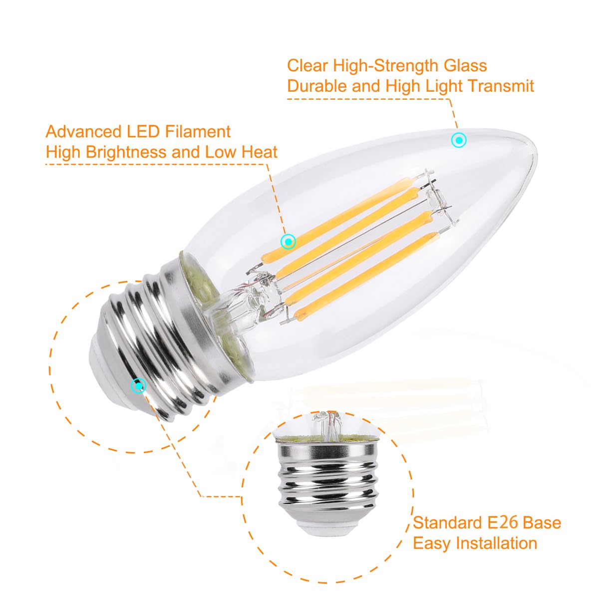 Kinur E26 Candelabra Led Light Bulbs 4 Watt (40 Watt Equivalent) Led Chandelier Light Bulbs 2700K Warm White Chandelier Decorati