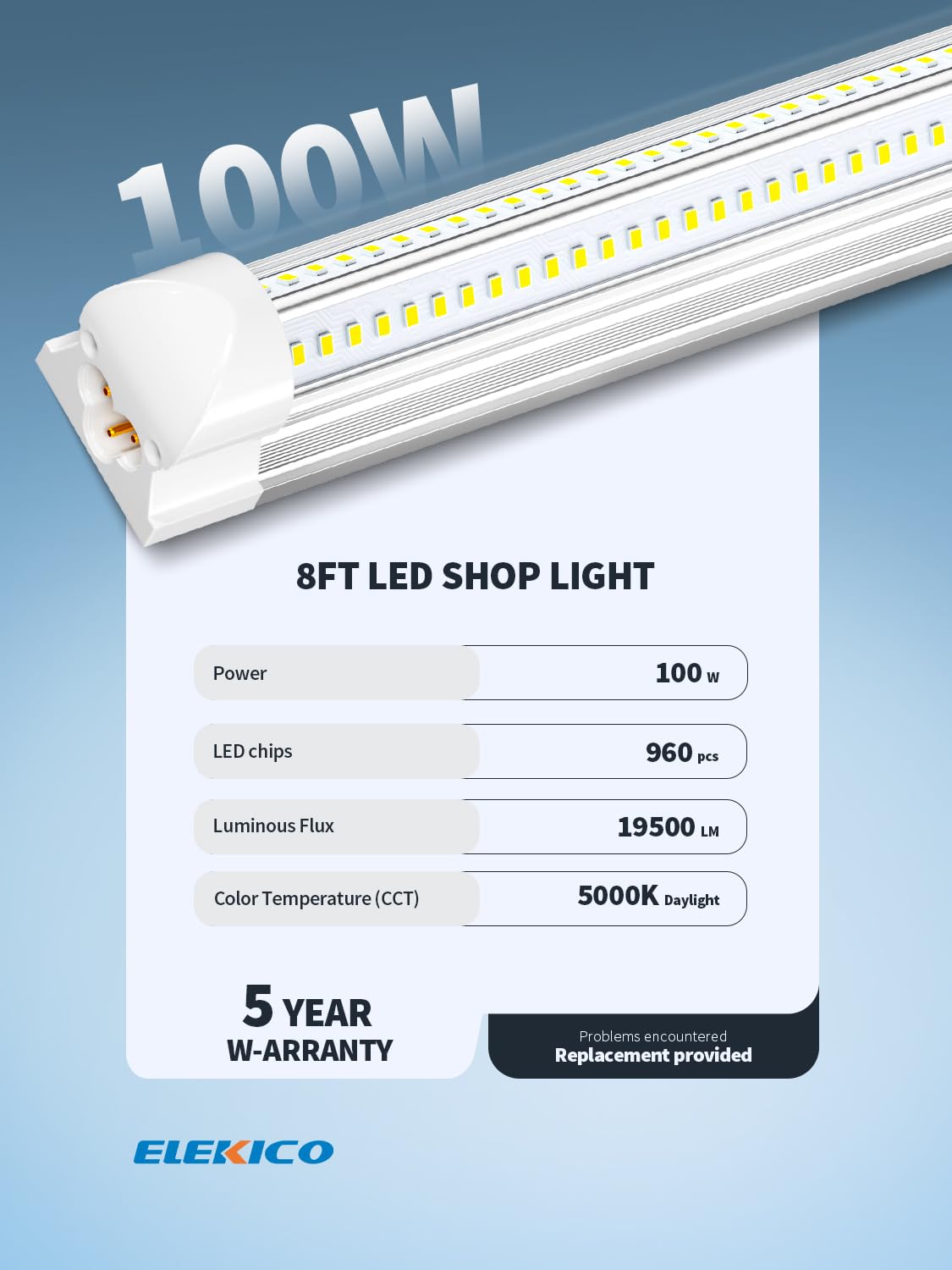 Elekico 8' Led Shop Lights,Super Bright 19500Lm 100W 5000K 8Ft Led Shop Light For Garage,Linkable 8Ft Led Garage Ceiling Lights