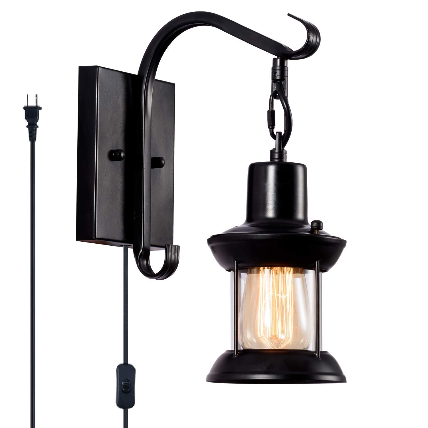 Gladfresit Vintage Wall Light Modern Black, Glass Shade Industrial Wall Sconce Plug In Lighting Fixture With 6.6Ft Cord For Indo