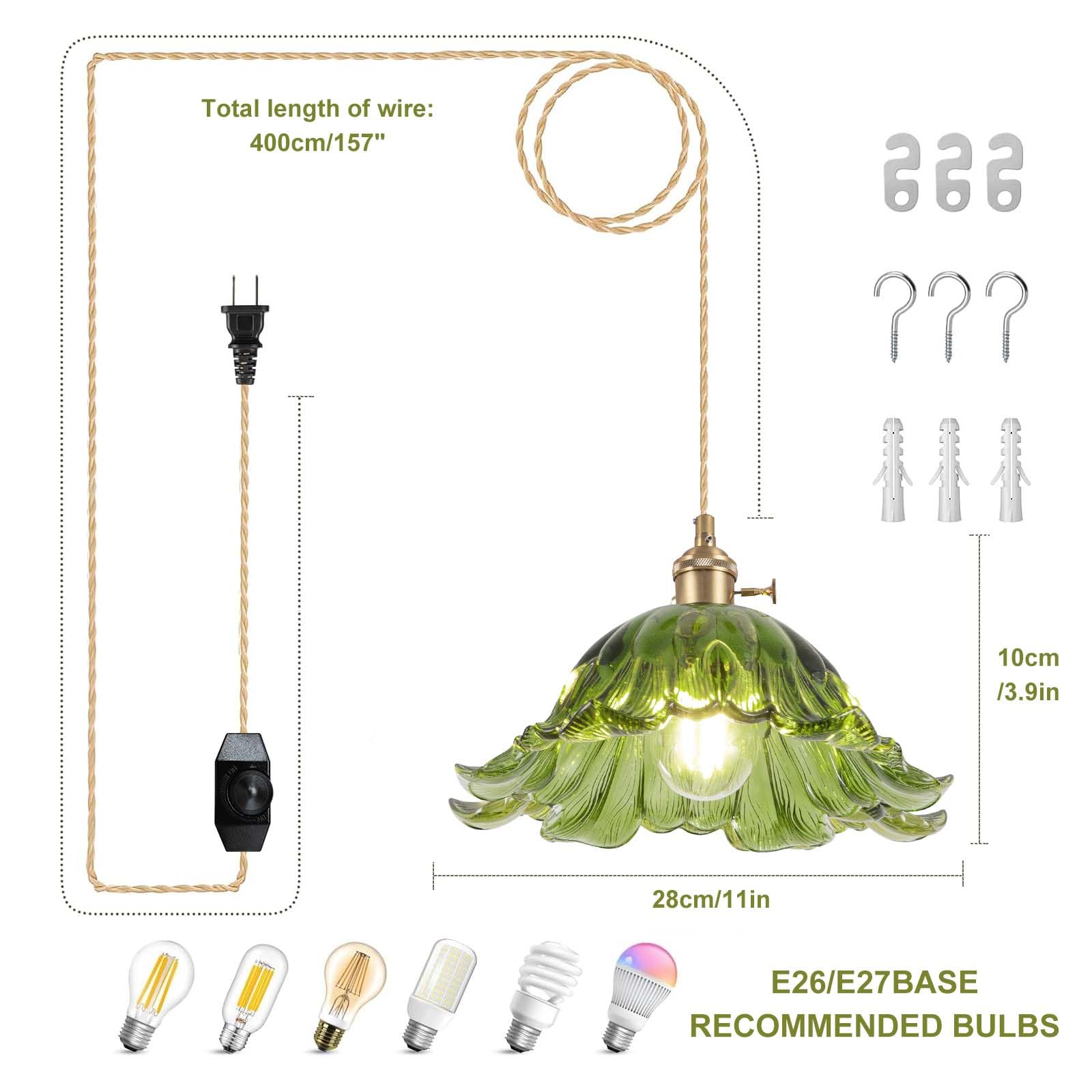 Loiogohot Plug-in Pendant Light Fixture, 11" Green Glass Lampshade, On/Off Switch for Kitchen Island, Bedroom, Dining Room