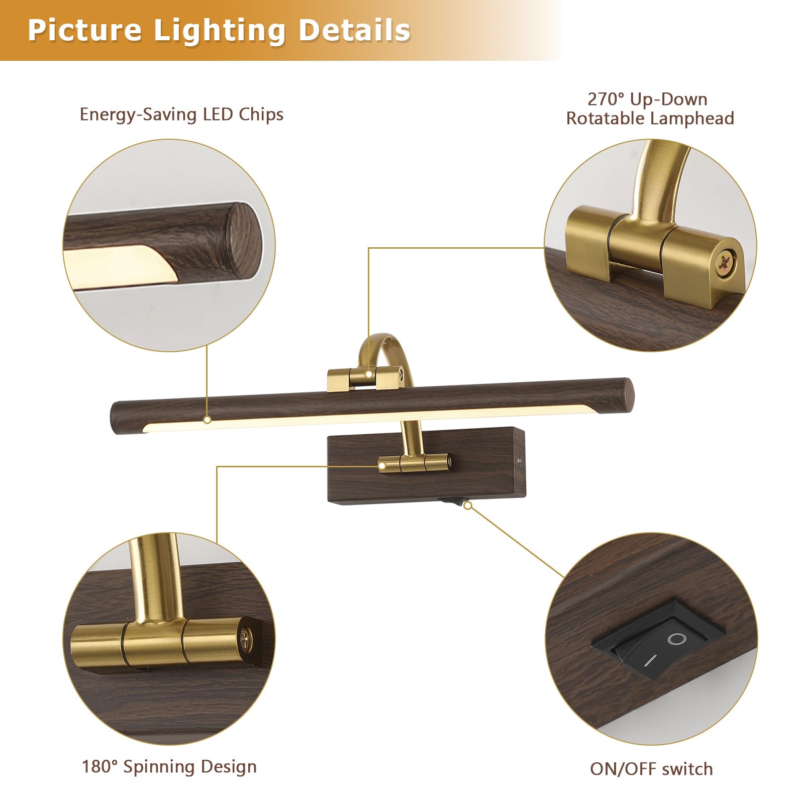 DESOOP Picture Light, Battery Operated, Dimmable, Remote & Timer, 15.75 Inch, Wood Grain Finish, Model 7115, Acrylic