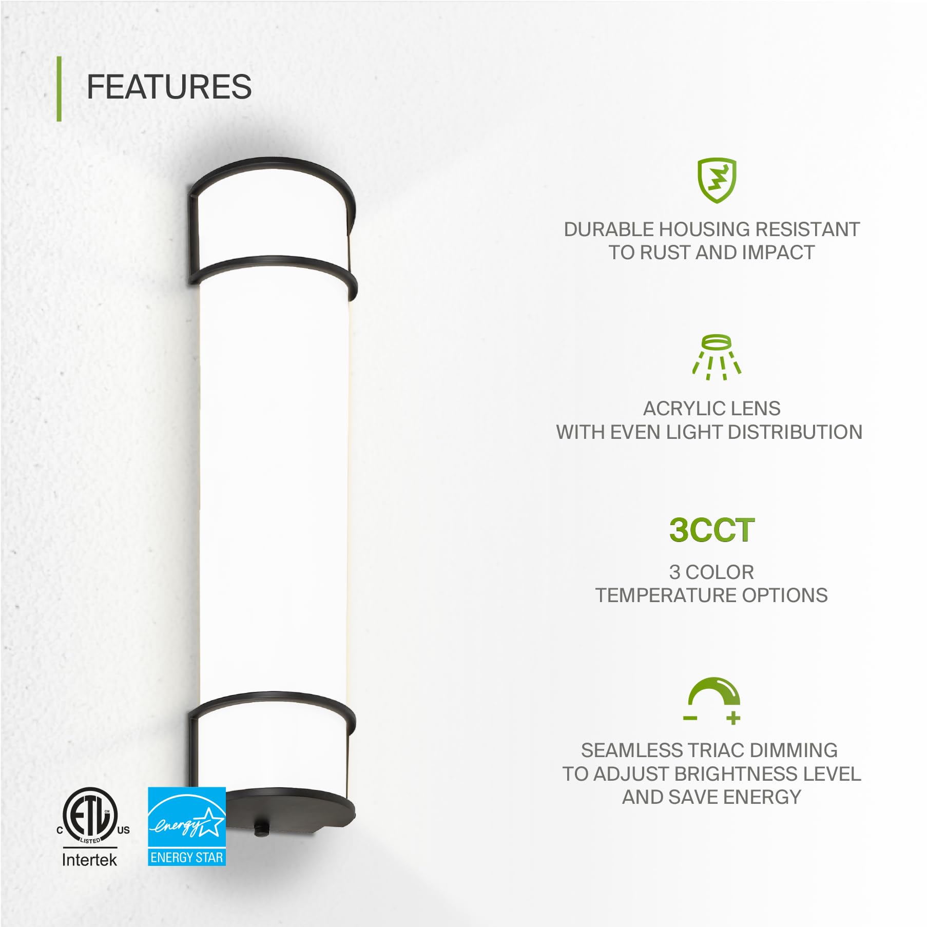 Asd Led 24 Inch Flush Mount Vanity Lighting Fixture | 25W 1950Lm 3000K-5000K 120V | 3Cct, Dimmable, Energy Star, Etl Listed | Ba