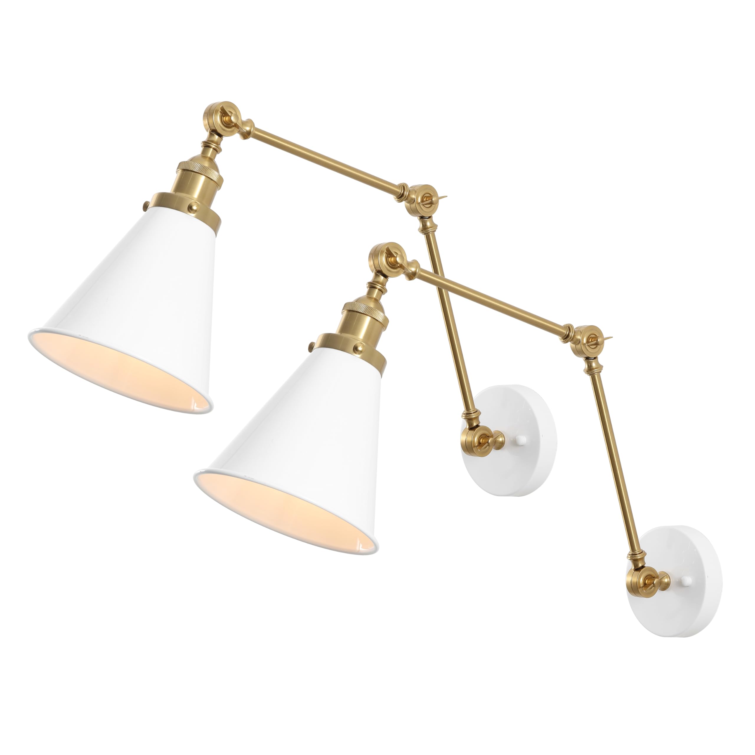 Jonathan Y Jyl7462B-Set2 Rover 7'' Classic Industrial Metal Adjustable Arm Led Wall Sconce, White/Brass Gold (Set Of 2) For Bedr