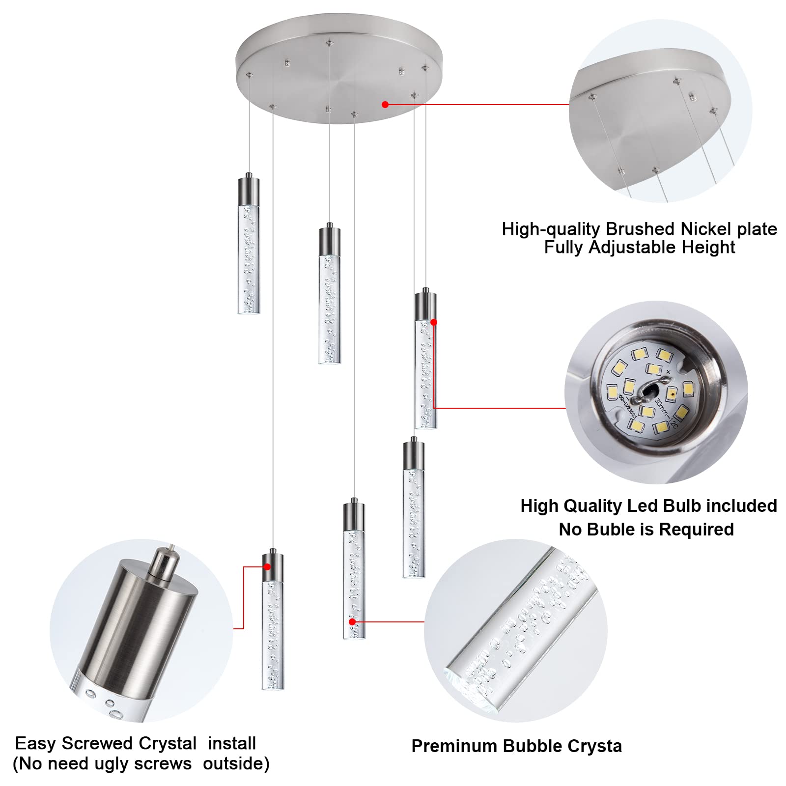 Votag Modern Chandeliers For High Ceilings  Brushed Nickel Foyer Pendant Lighting With Preminum Bubbles  Pendant Lights Kitchen 6-Lights Dimmmable For Foyer Dining Room  Kitchen Island Bars
