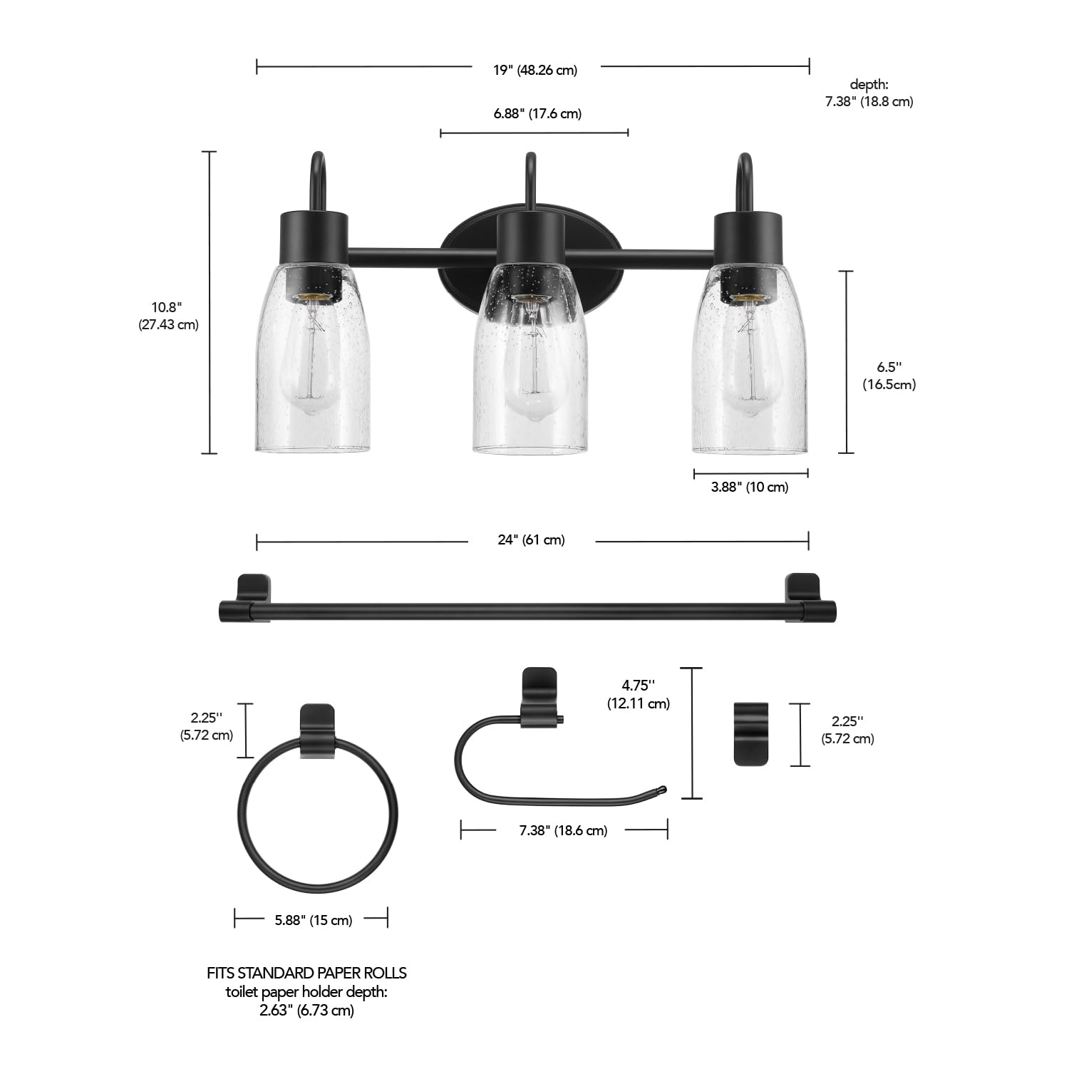 Globe Electric 63000205 5-Piece All-In-One Bathroom Accessory Set With 19'' 3-Light Vanity Light, Matte Black, Seeded Glass Shad