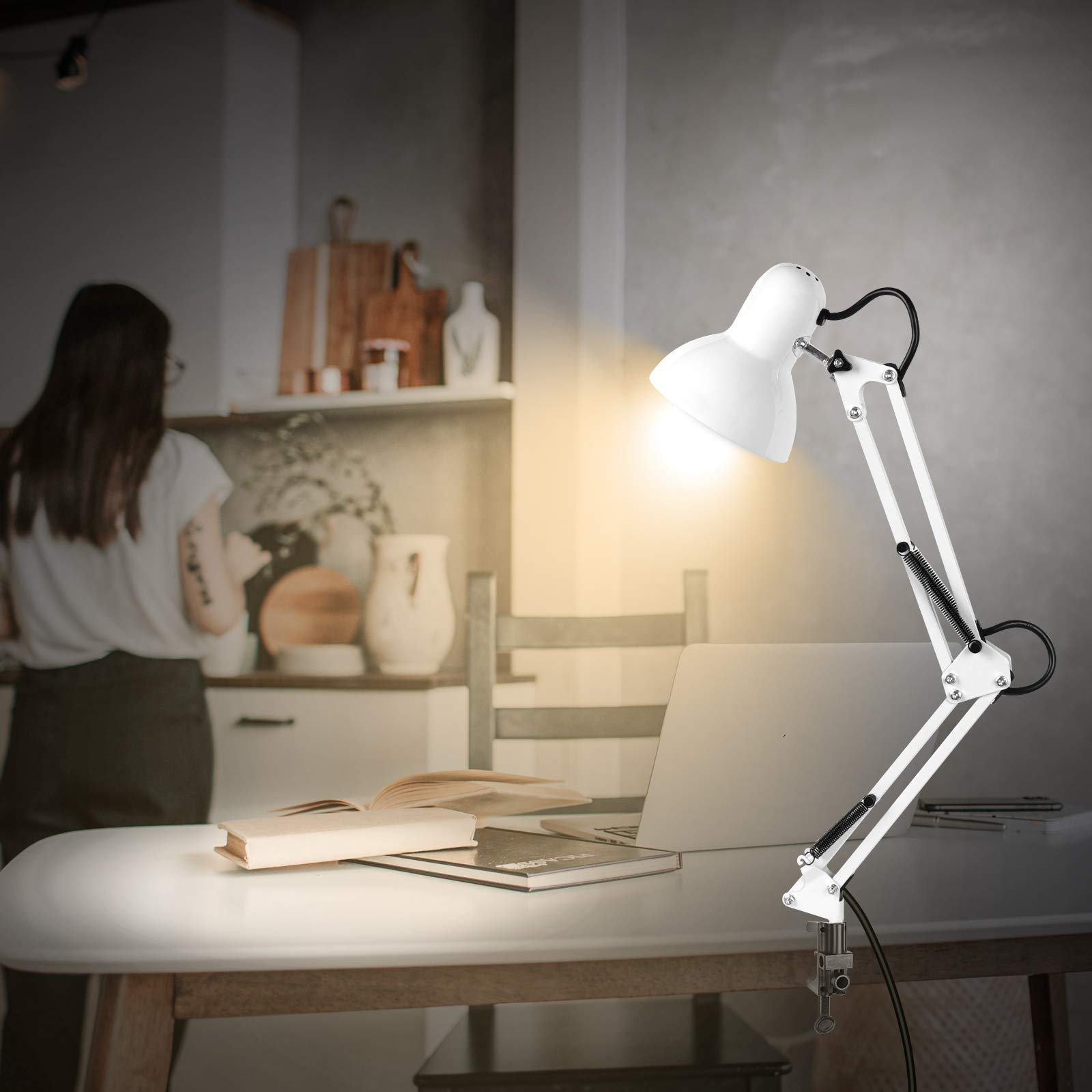 Ameritop Adjustable Metal Desk Lamp, Goose Neck Swing Arm, Eye-Caring, White