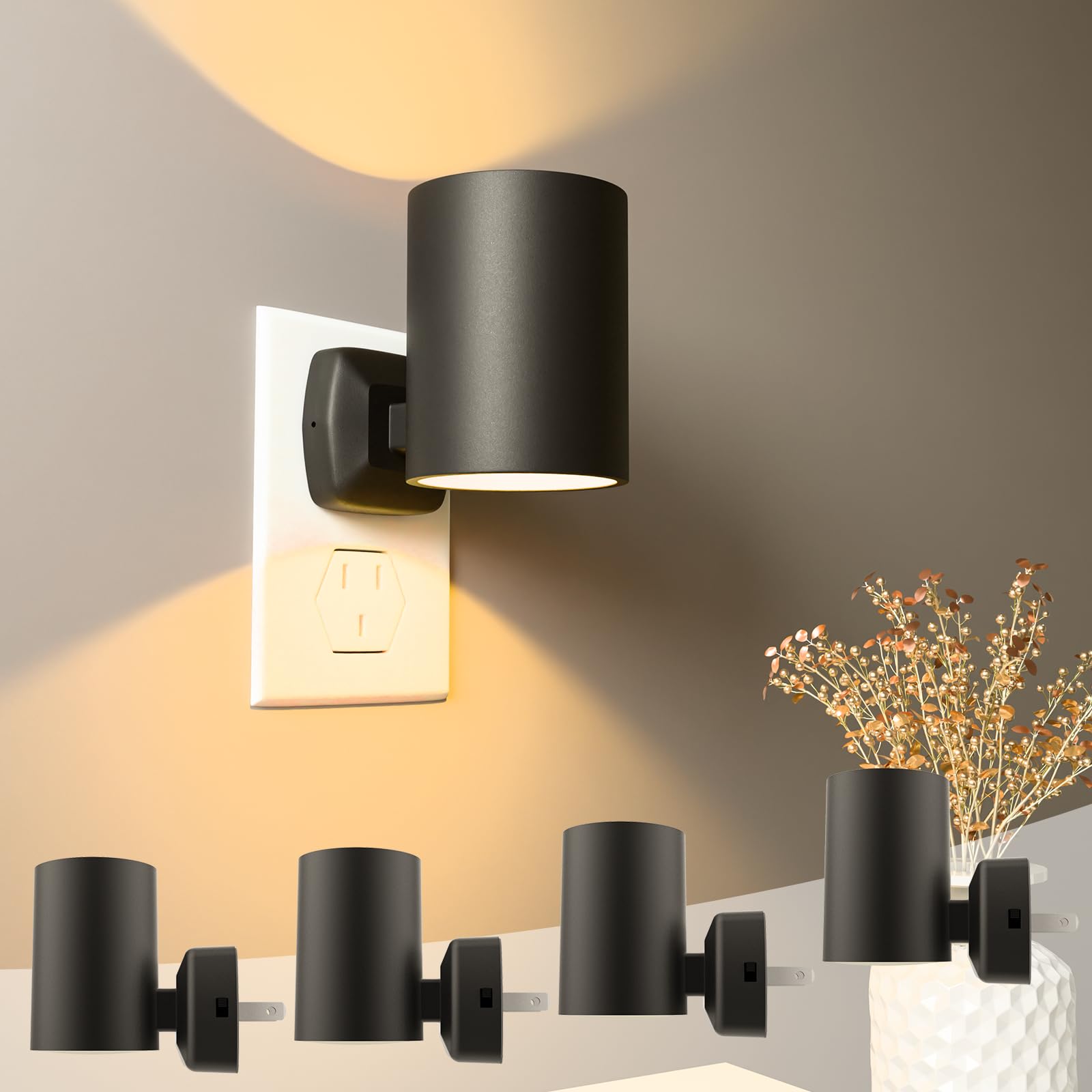 NOVELUX LED Night Light Plug-in, Dimmable, Warm 2700K, Wall Lights for Bedroom, Hallway, 4 Pack, Model NL-1.2W-2700