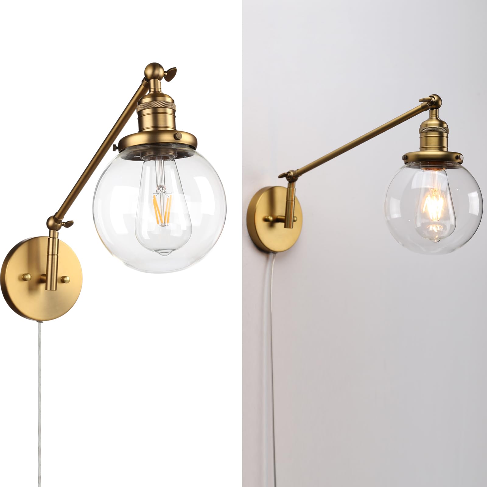 Permo Plug In Wall Sconce Swing Arm Wall Lamp Industrial Sconce With 5.9 Glass Globe Shade For Bedroom, Living Room, Office (Ant