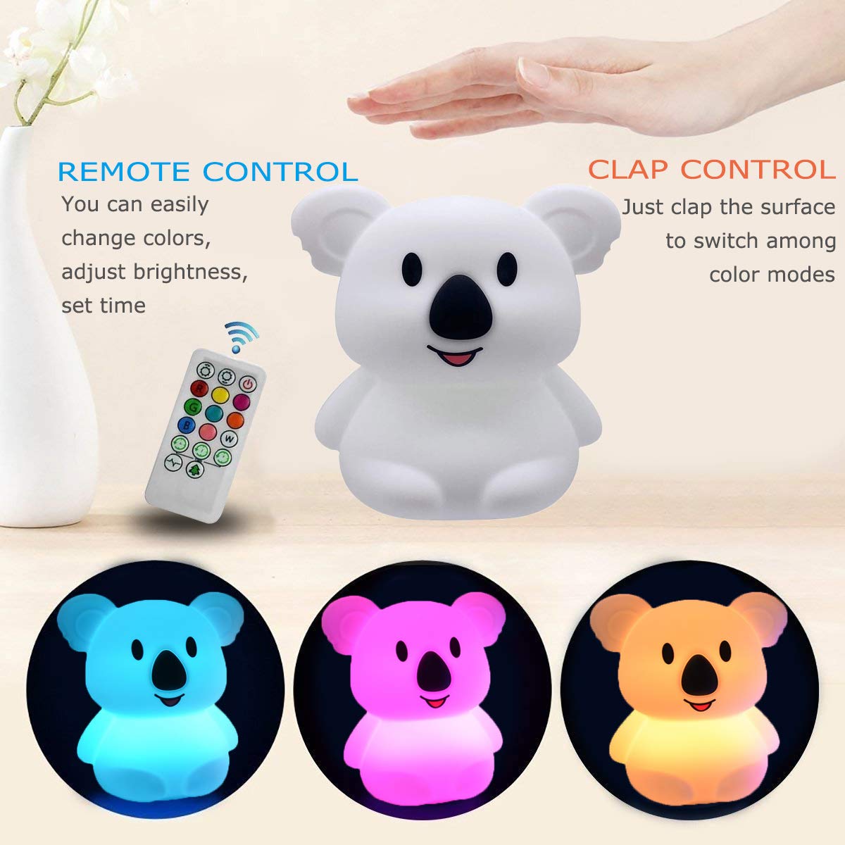 Glinrui Koala Night Light For Kids Silicone Bedside Bedroom Lighting, Baby Nursery Light Sleeping Nightlights, Color Changing Lamps - Eye Caring, Adjustable Brightness & Color, Time Setting - Medium