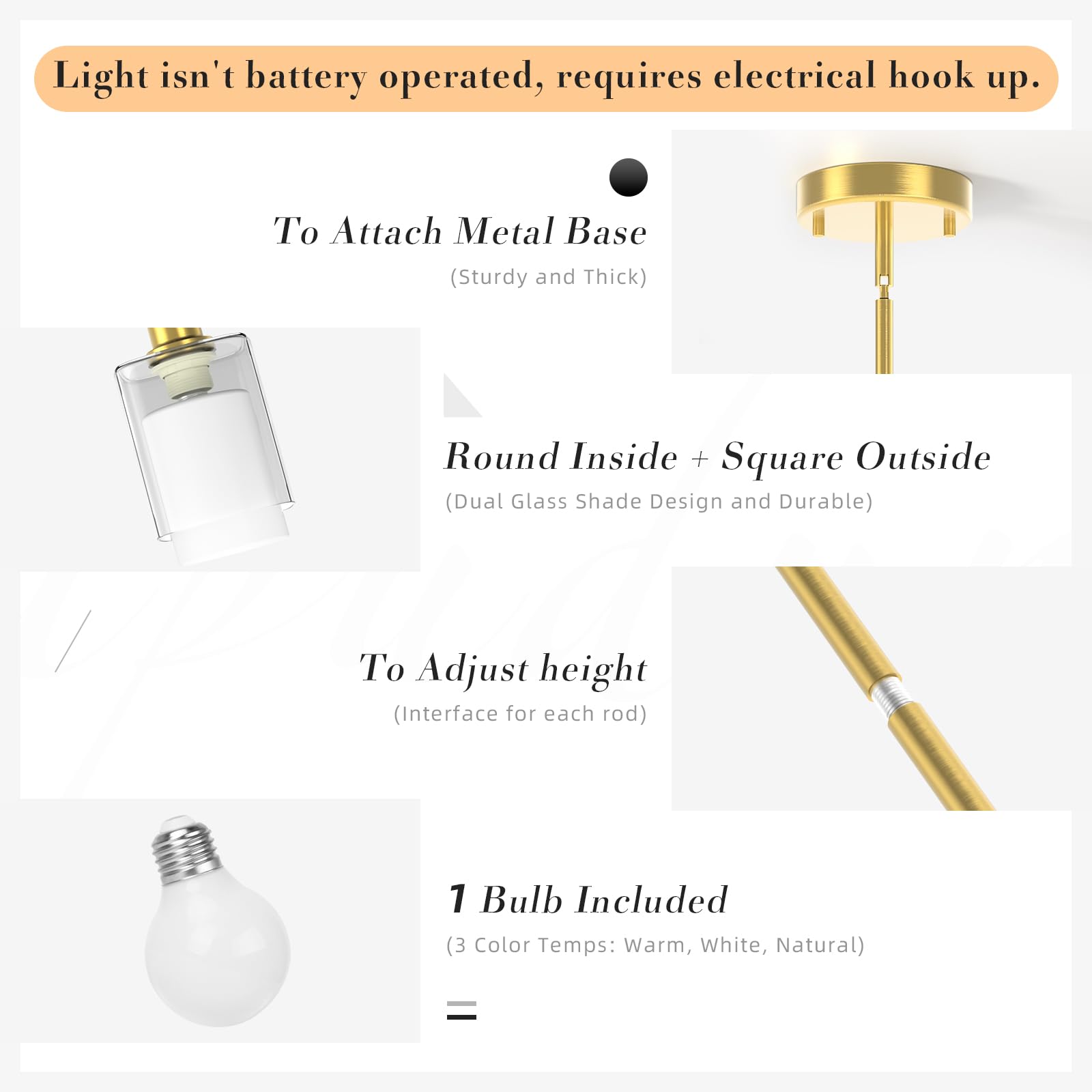 Lightbiz Pendant Light - Adjustable Height, Dual Glass, 3 Color Temperatures, Brushed Gold, Model L400, 1 Pack