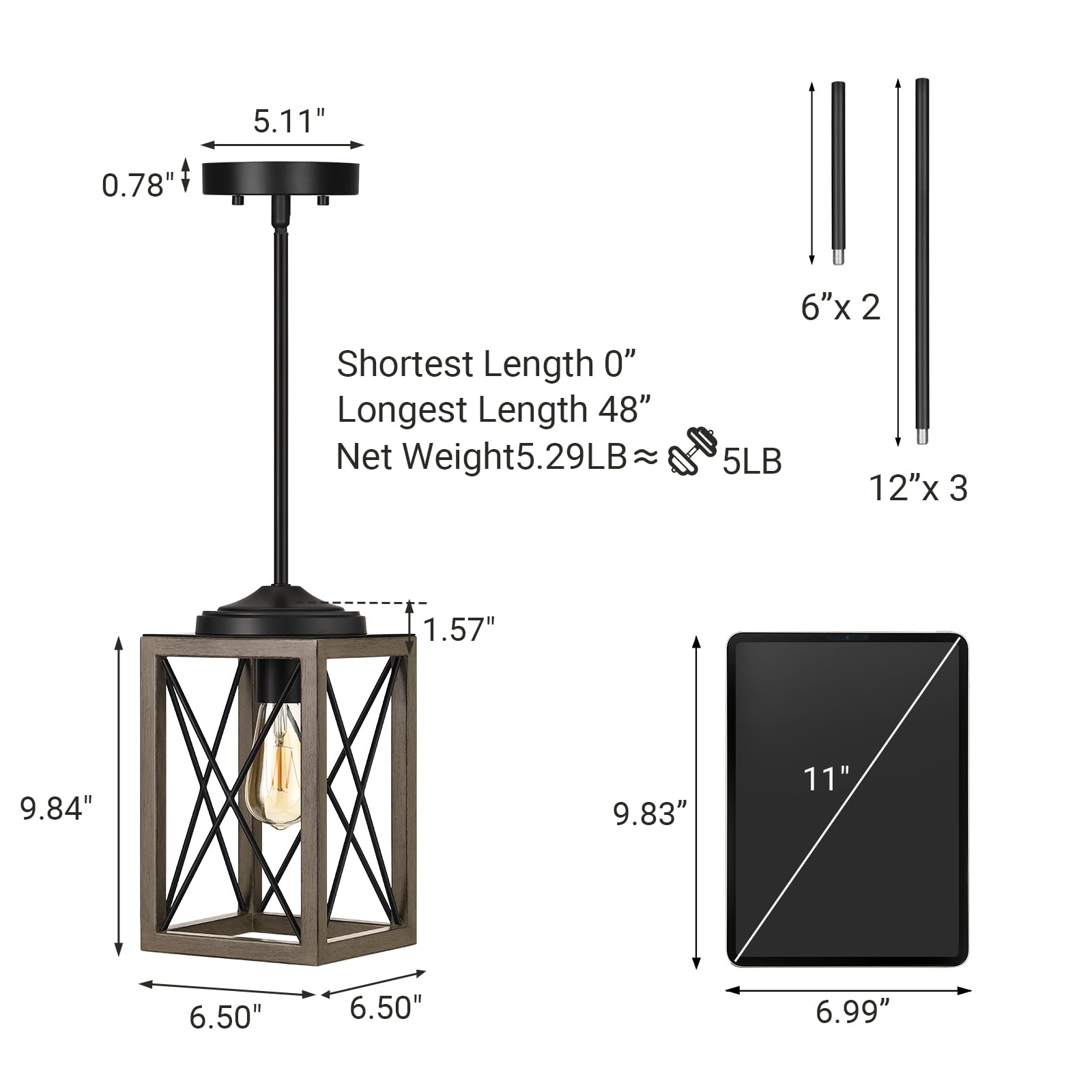 Dewenwils Pendant Light Fixtures, Metal Hanging Light Fixture With Wooden Grain Finish, 48 Inch Adjustable Pipes For Flat And Sl