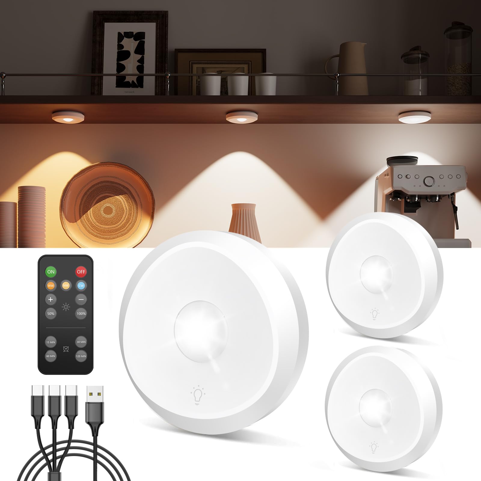 Tedmos USB Rechargeable LED Puck Lights, 2400mAh, Remote Control, 3 Pack, 3000k/4500k/6000k, Model TEDMOS-RL