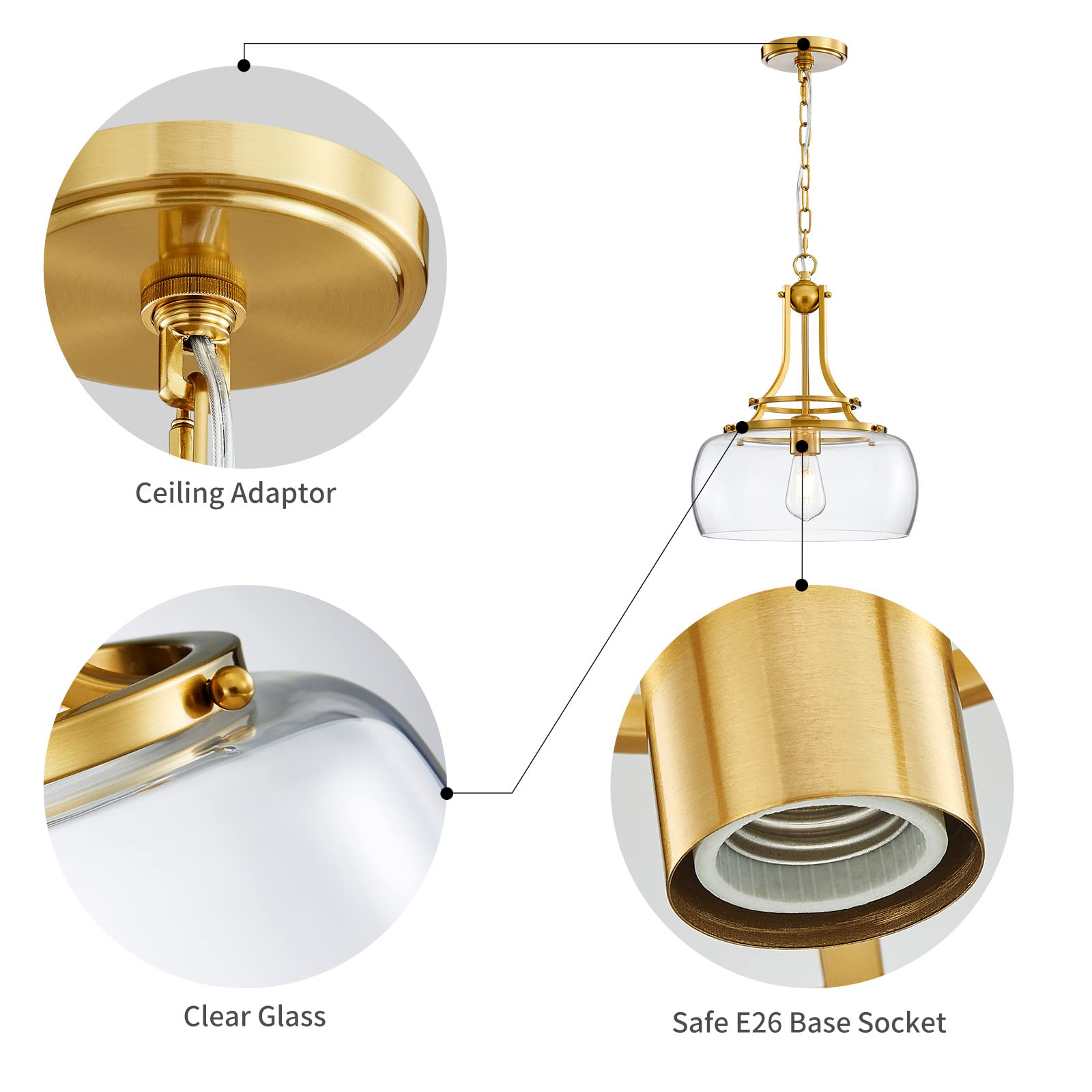 Wuzups Rustic Farmhouse Chandelier Pendant Light, Brushed Gold, Led, Clear Glass Shades, 17&quot;X13.4&quot;