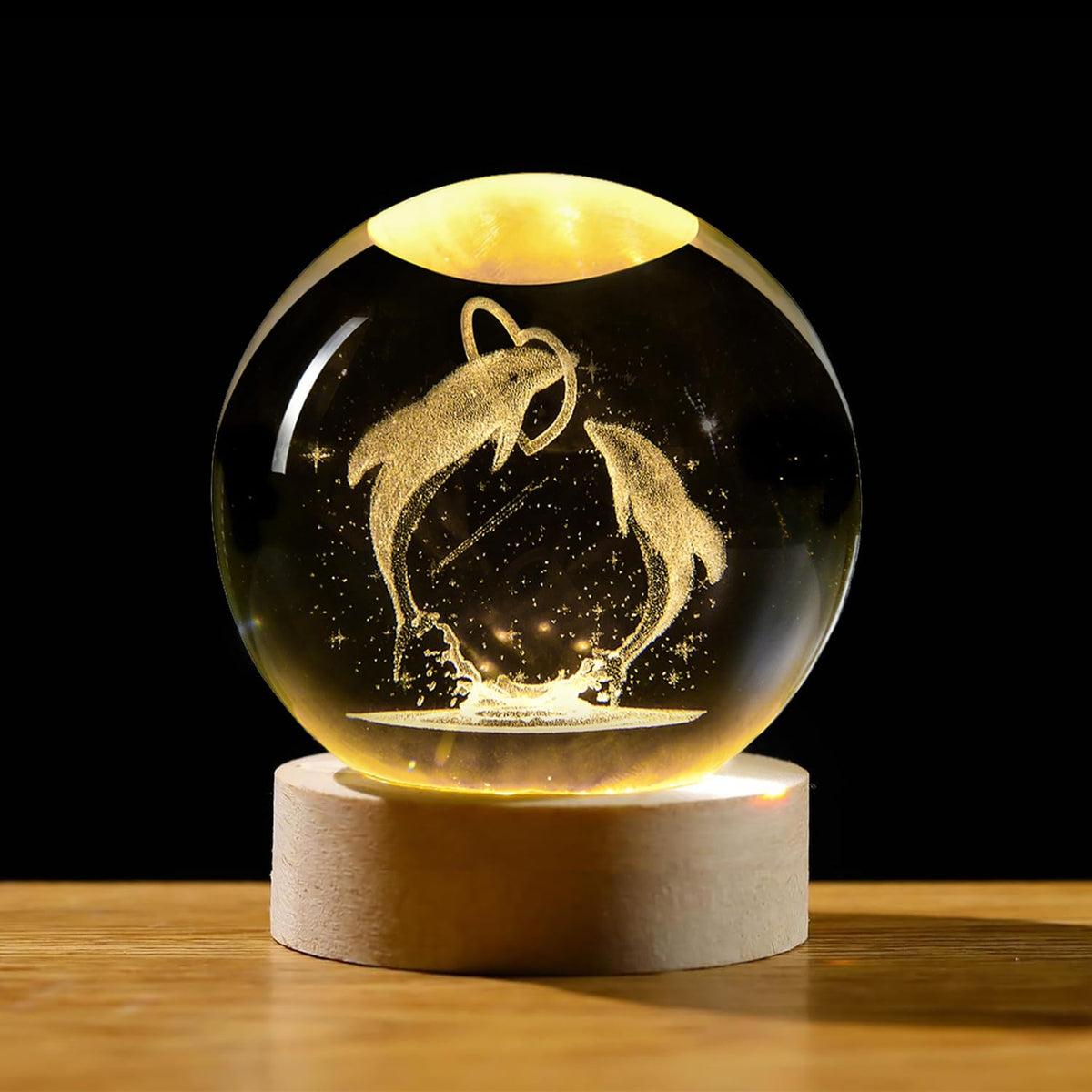 QIANCHANG 3D Dolphin Crystal Ball Night Light,Dolphin Figurine Lamp,Decorative Glass Sphere Ball Paperweight Crystal Sea Animal 