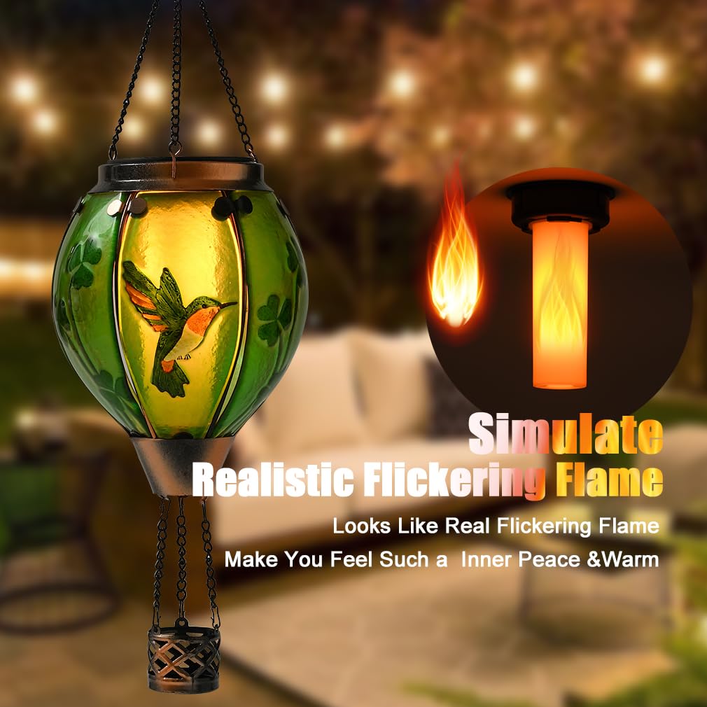 Bathtoo St Patricks Hot Air Balloon Solar Lantern, Glass, Hummingbird & Shamrock, Simulated Flickering Flame, Outdoor Decor