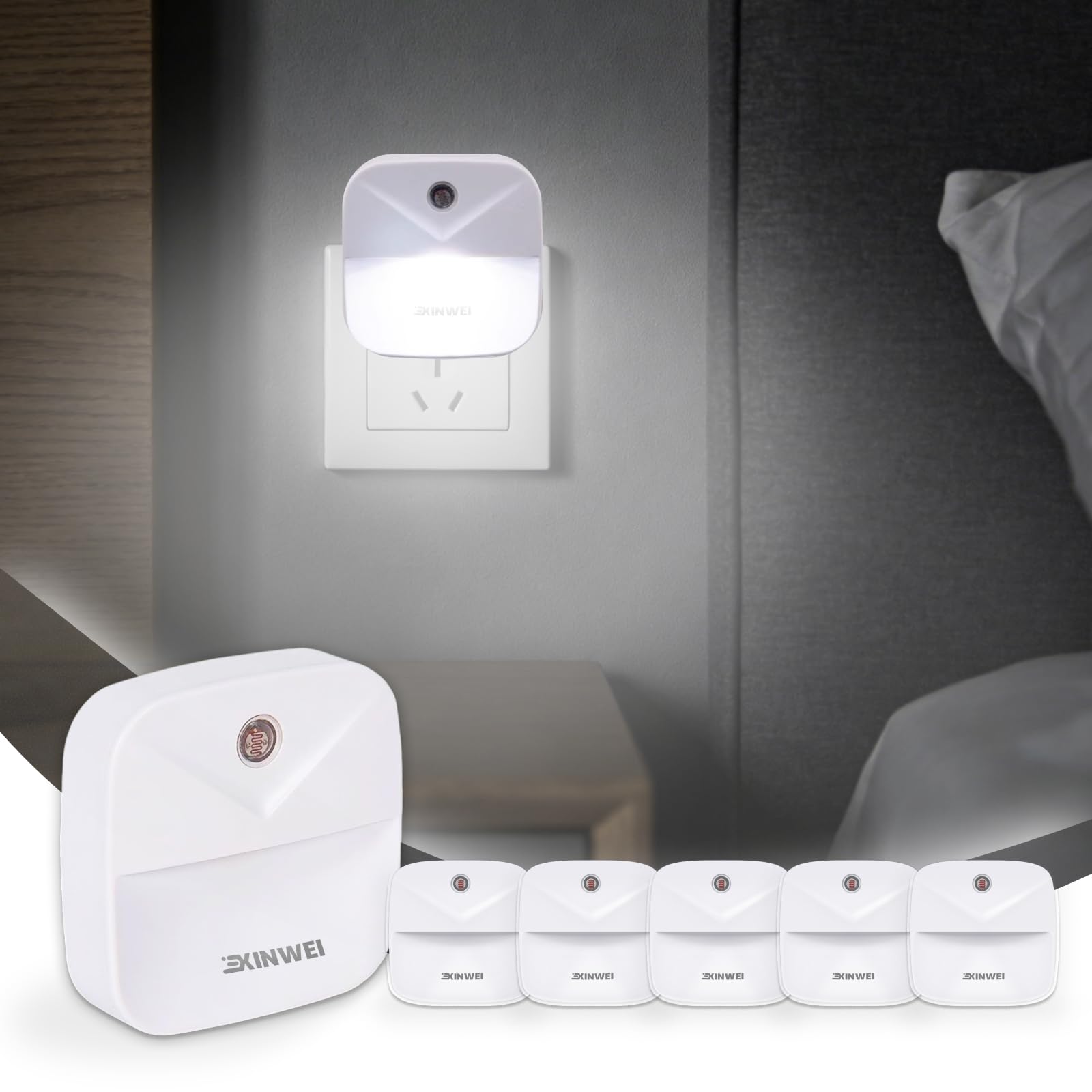 XINWEI Night Lights Plug into Wall  Automatic LED Night Light with Dusk to Dawn Sensor  Modern V-Groove Design Square Night Lite for Hallway  0.4W Plug-in Night Lights  6-Pack (White Light)
