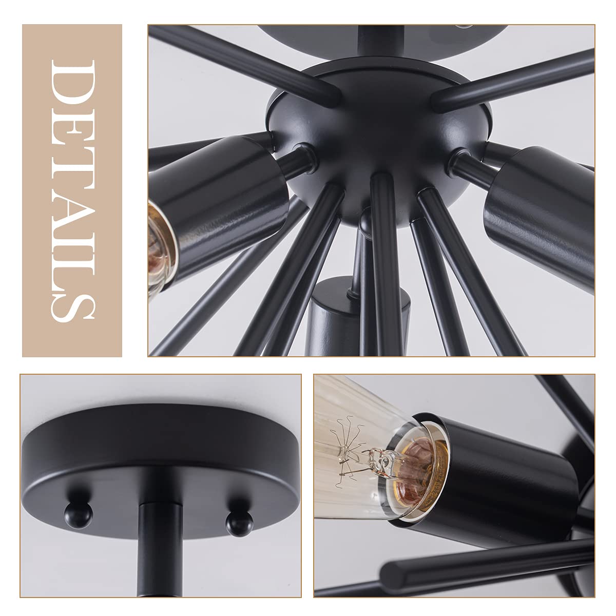 VILUXY Modern 3-Light Flush Mount Ceiling Light Fixture, Metal, Black, Mid Century Design for Hallway, Dining Room, Living Room