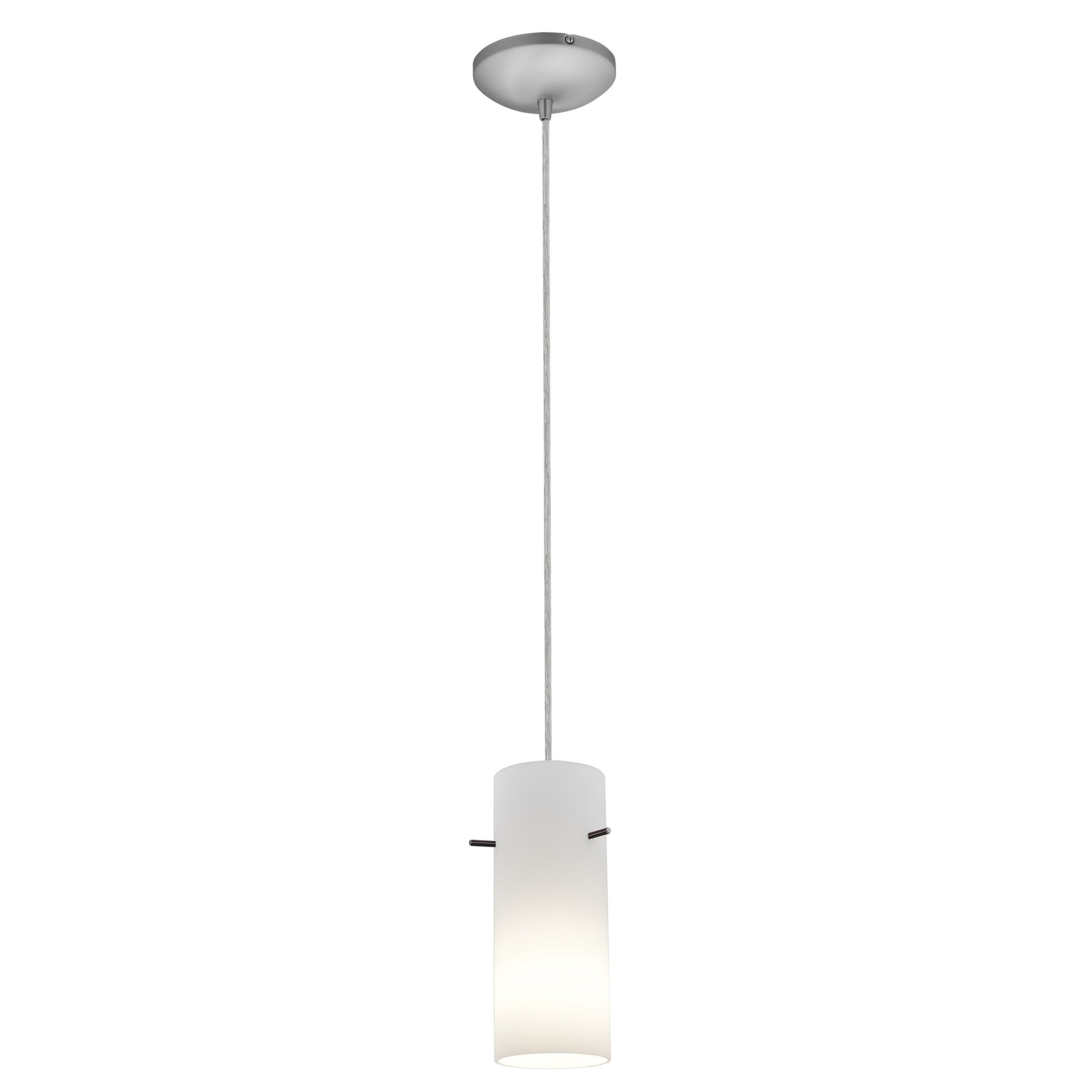 Access Lighting Cylinder Pendant Light, 1-Light 100W, Brushed Steel, Model 28030-1C-BS/OPL, Glass Shade, White