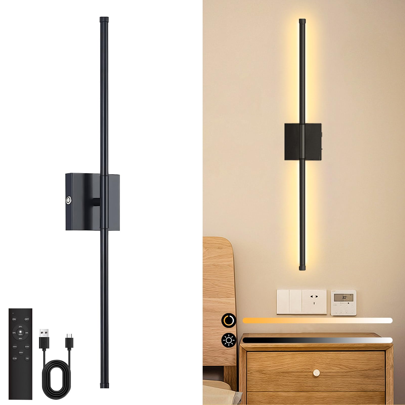 Danhh Wall Sconces Battery Operated, Wall Sconces 3000K-6000K Dimmable Rechargeable Wall Sconce with Remote Control, 350Rotate L