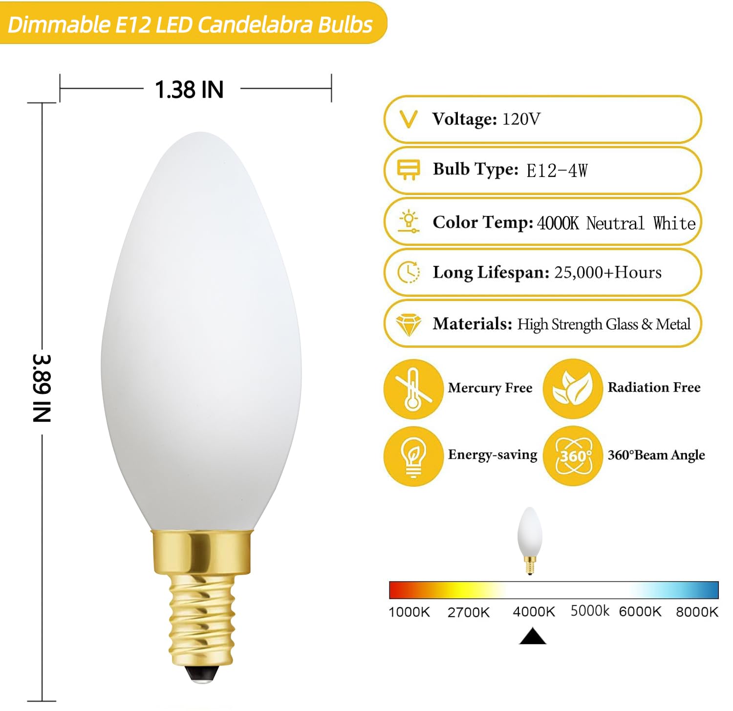 Xininsun Frosted Candelabra Light Bulbs 40 Watt Equivalent, 4W Watt Led Candelabra Bulbs, E12 Led Bulb 40W Dimmable Neutral Whit