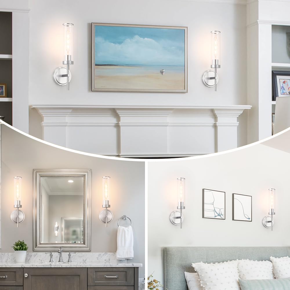 DSMJFU Wall Sconces Set of 2, Brushed Nickel, Metal Lighting Fixtures, 15.94in Hardwired, Clear Glass for Bathroom, Living Room, Hallway